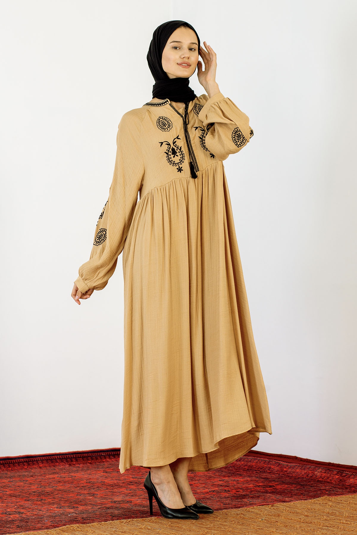 30237 Nakiş Elbise Tek - Camel - 4