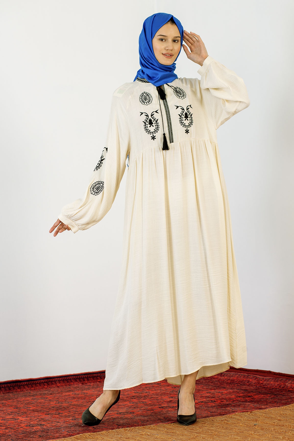 30237 Nakiş Elbise Tek - Ekru - 1