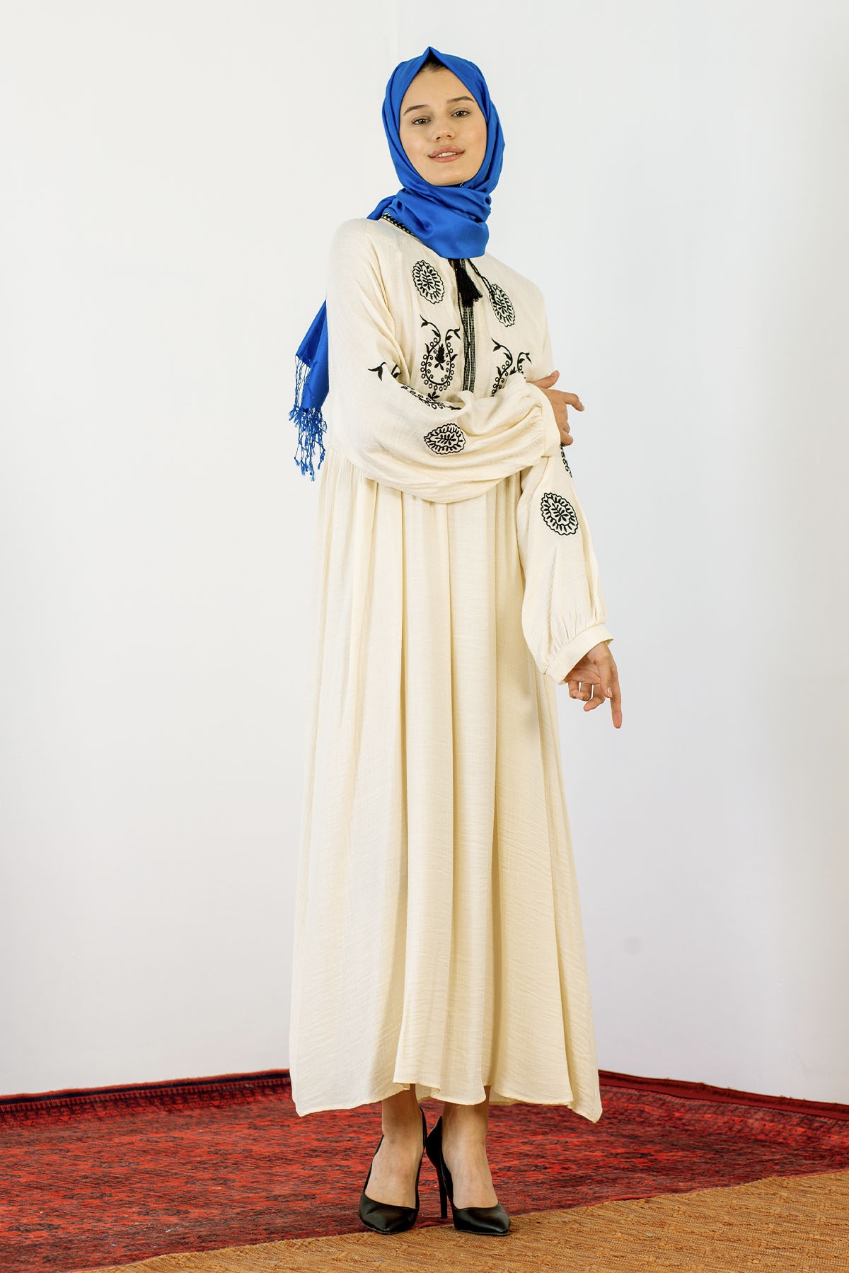 30237 Nakiş Elbise Tek - Ekru - 2