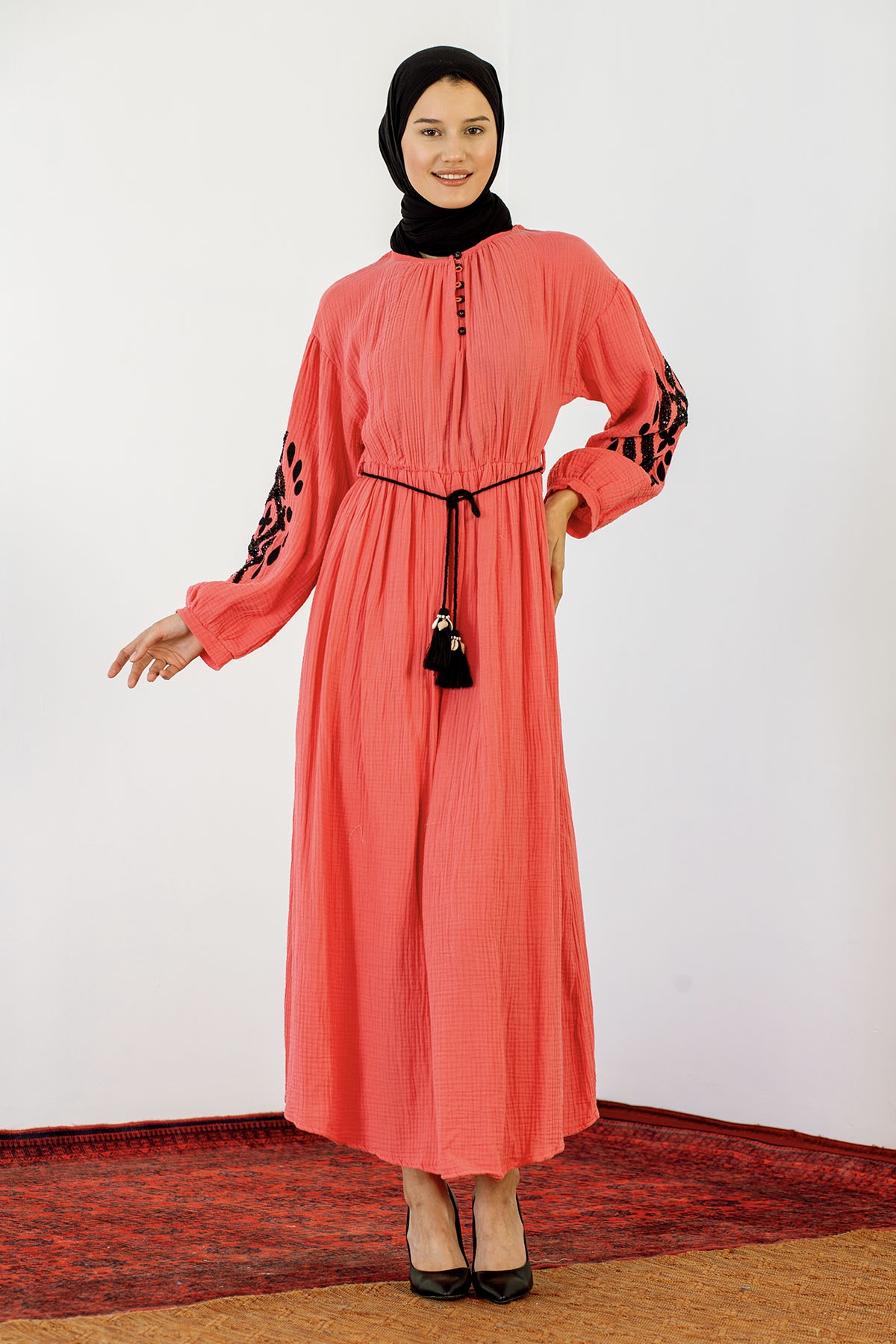 30498 Elbise S-m-l Kontrast - Mercan - 1