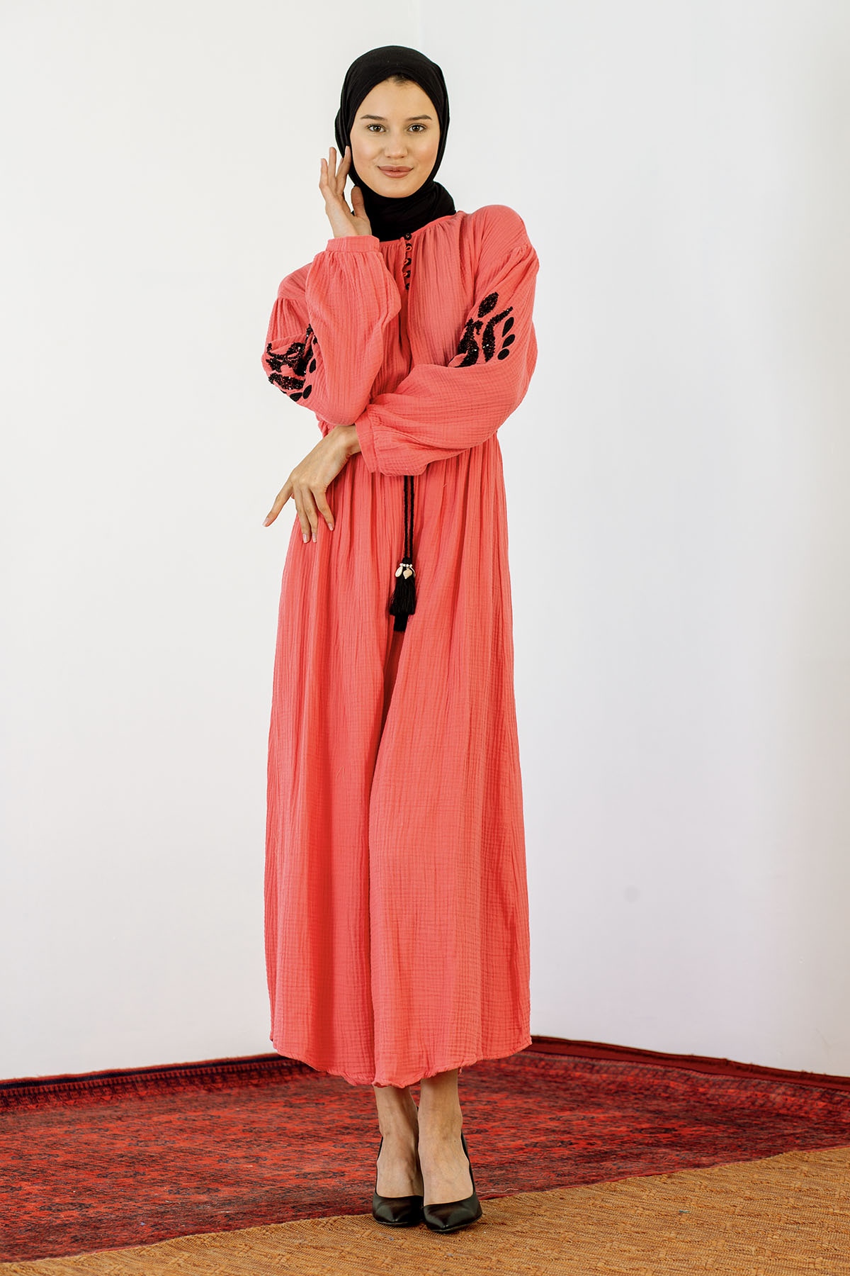 30498 Elbise S-m-l Kontrast - Mercan - 2