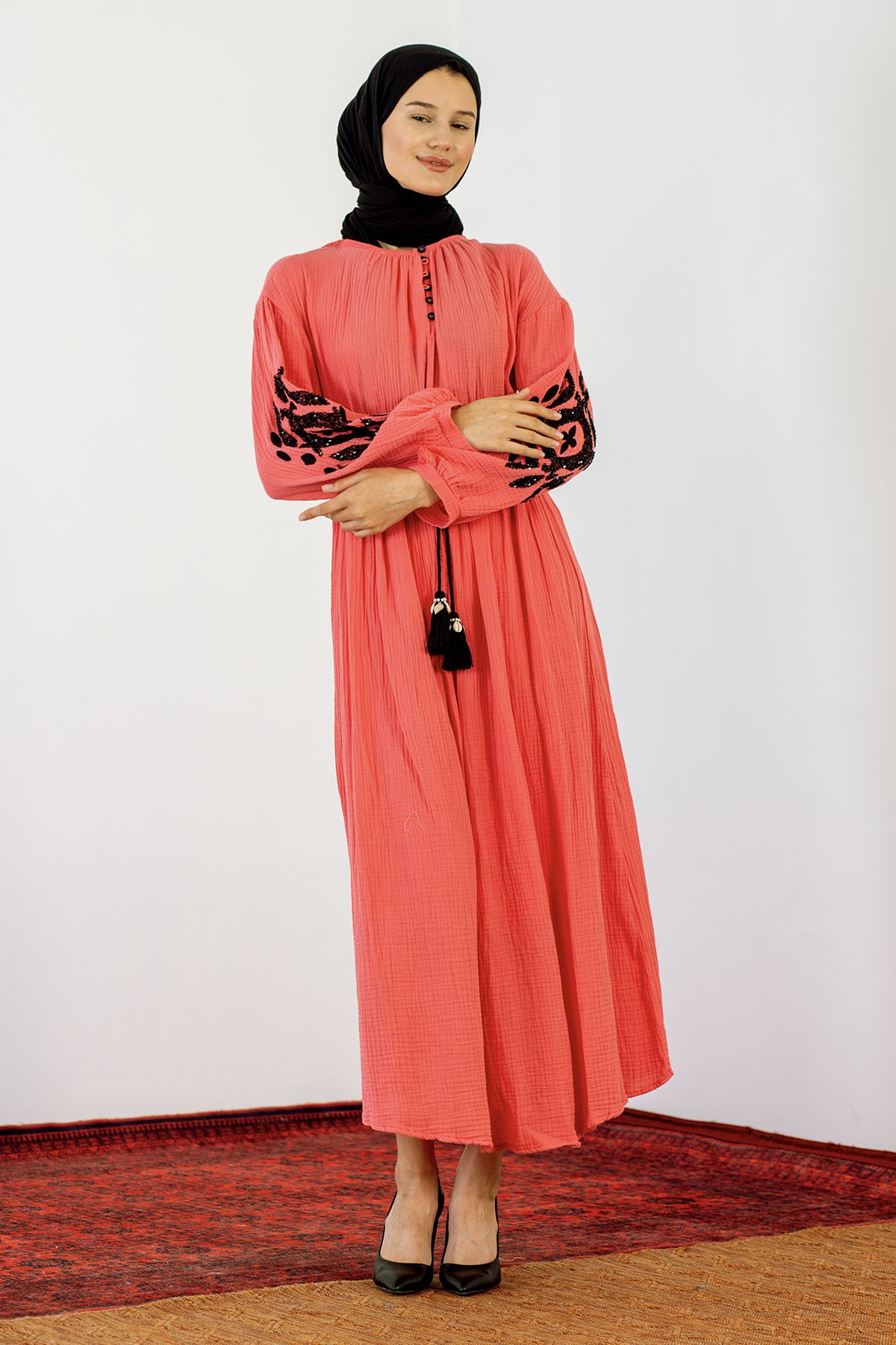 30498 Elbise S-m-l Kontrast - Mercan - 3