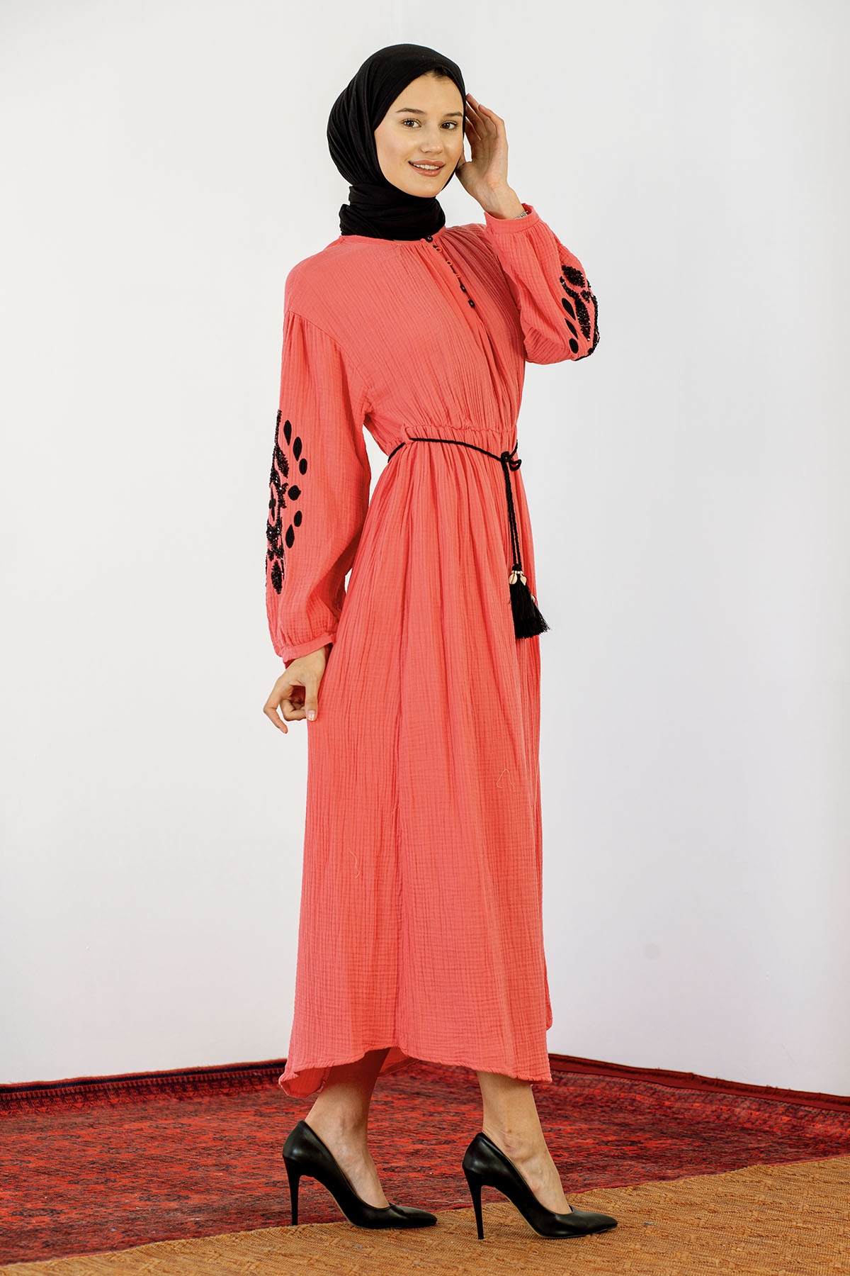 30498 Elbise S-m-l Kontrast - Mercan - 4