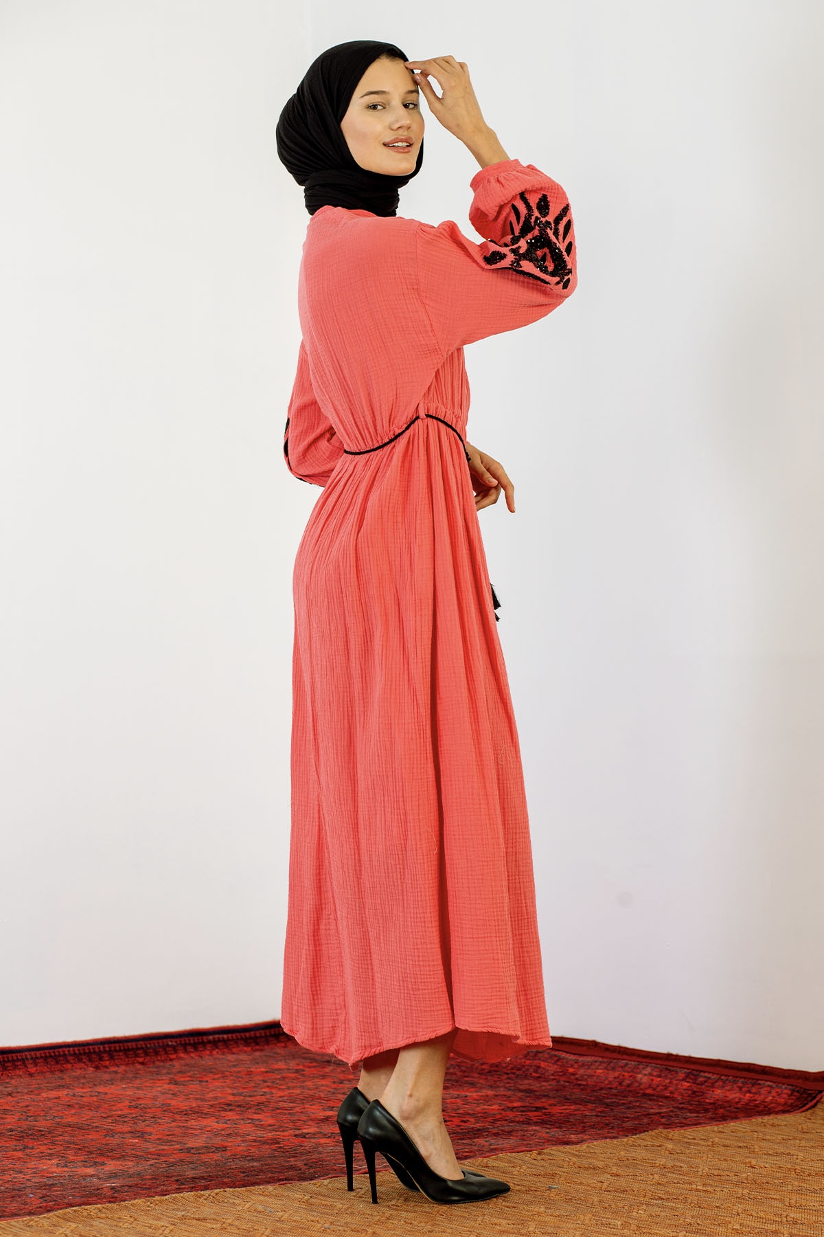 30498 Elbise S-m-l Kontrast - Mercan - 5