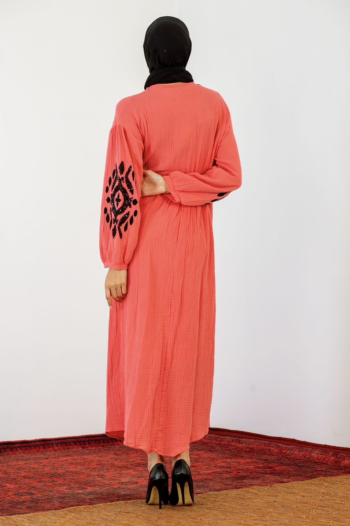 30498 Elbise S-m-l Kontrast - Mercan - 6