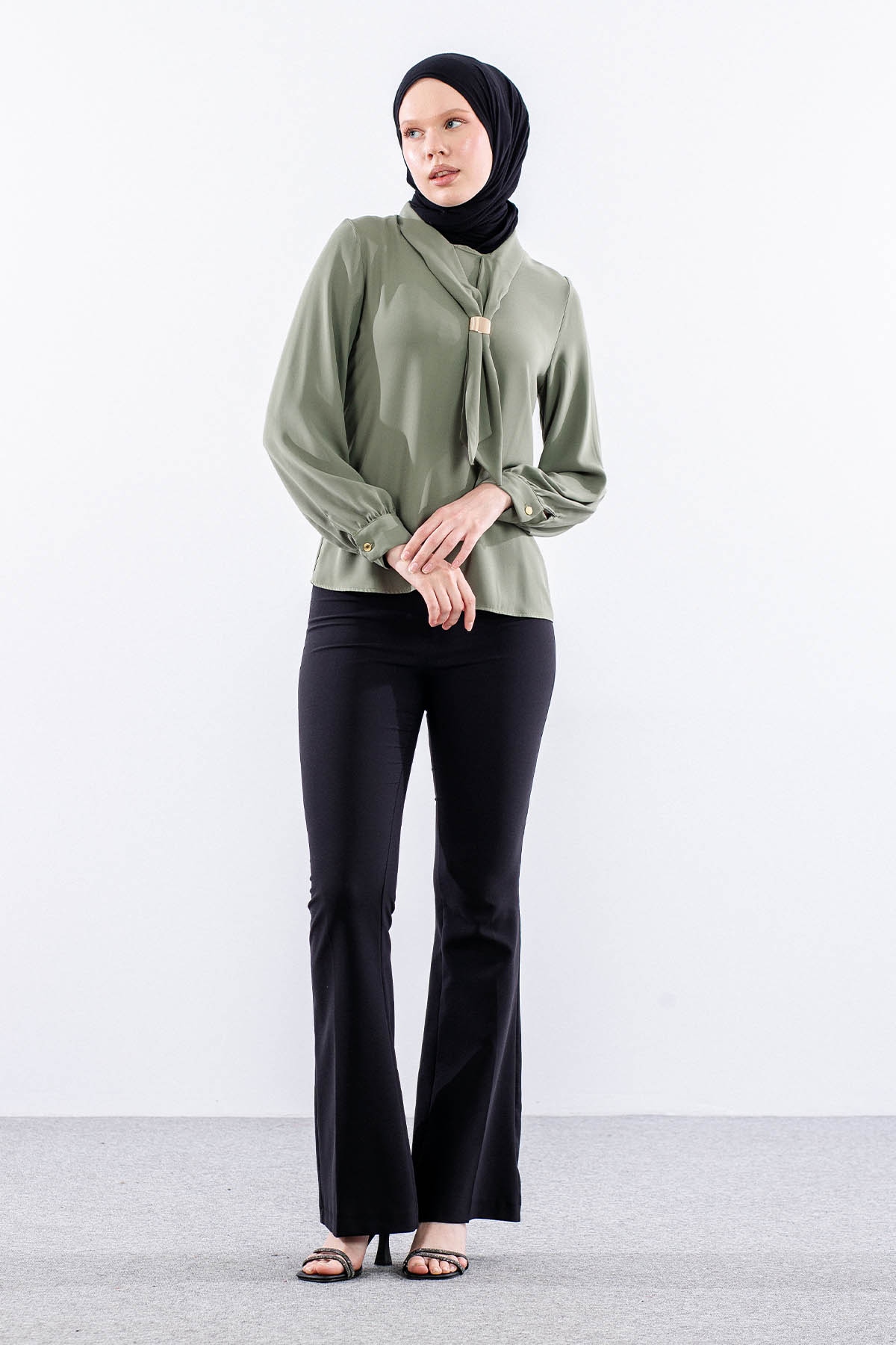 3077 Gömlek 38-46 Kravatlı - Haki - 1