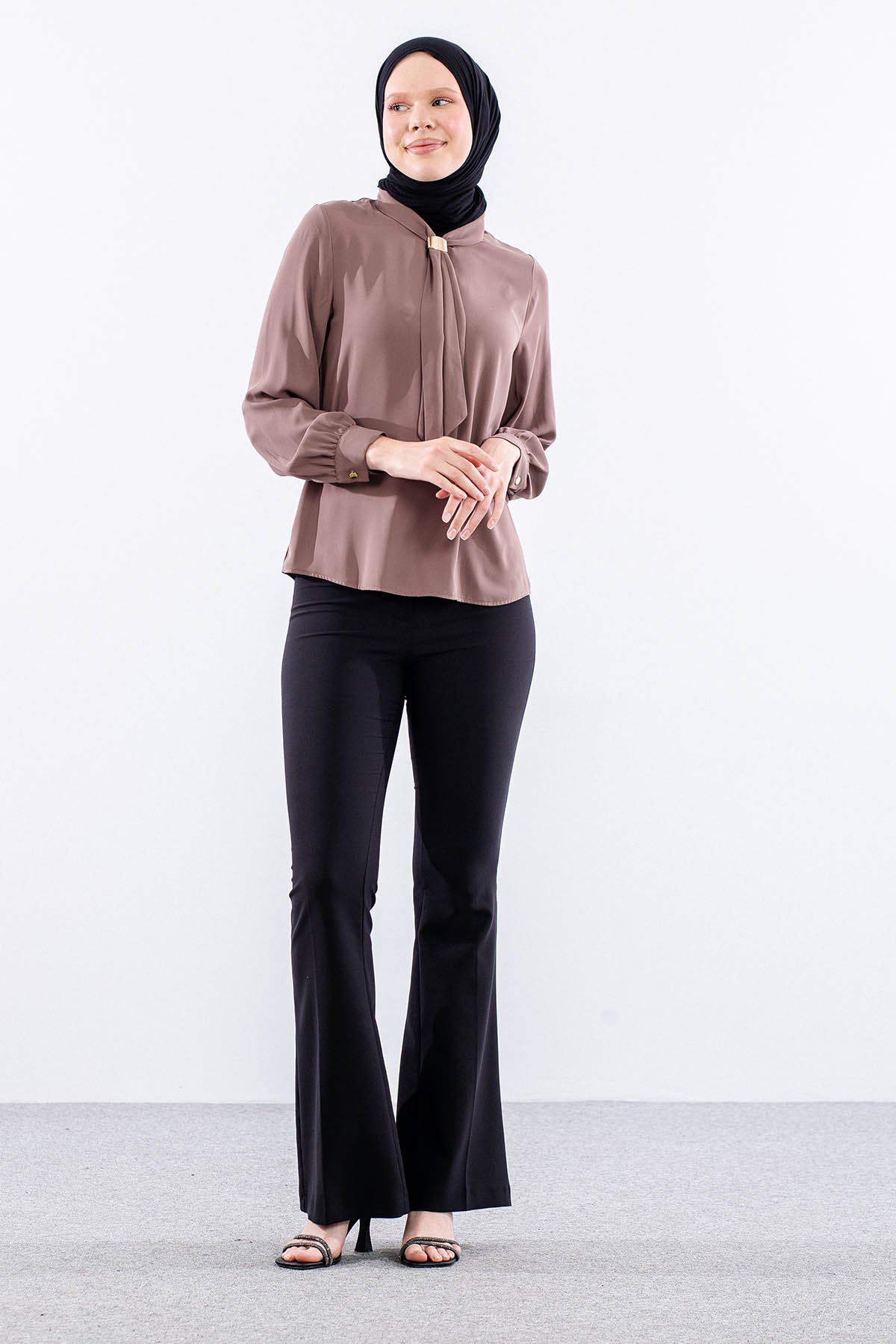 3077 Gömlek 38-46 Kravatlı - Kahve - 2