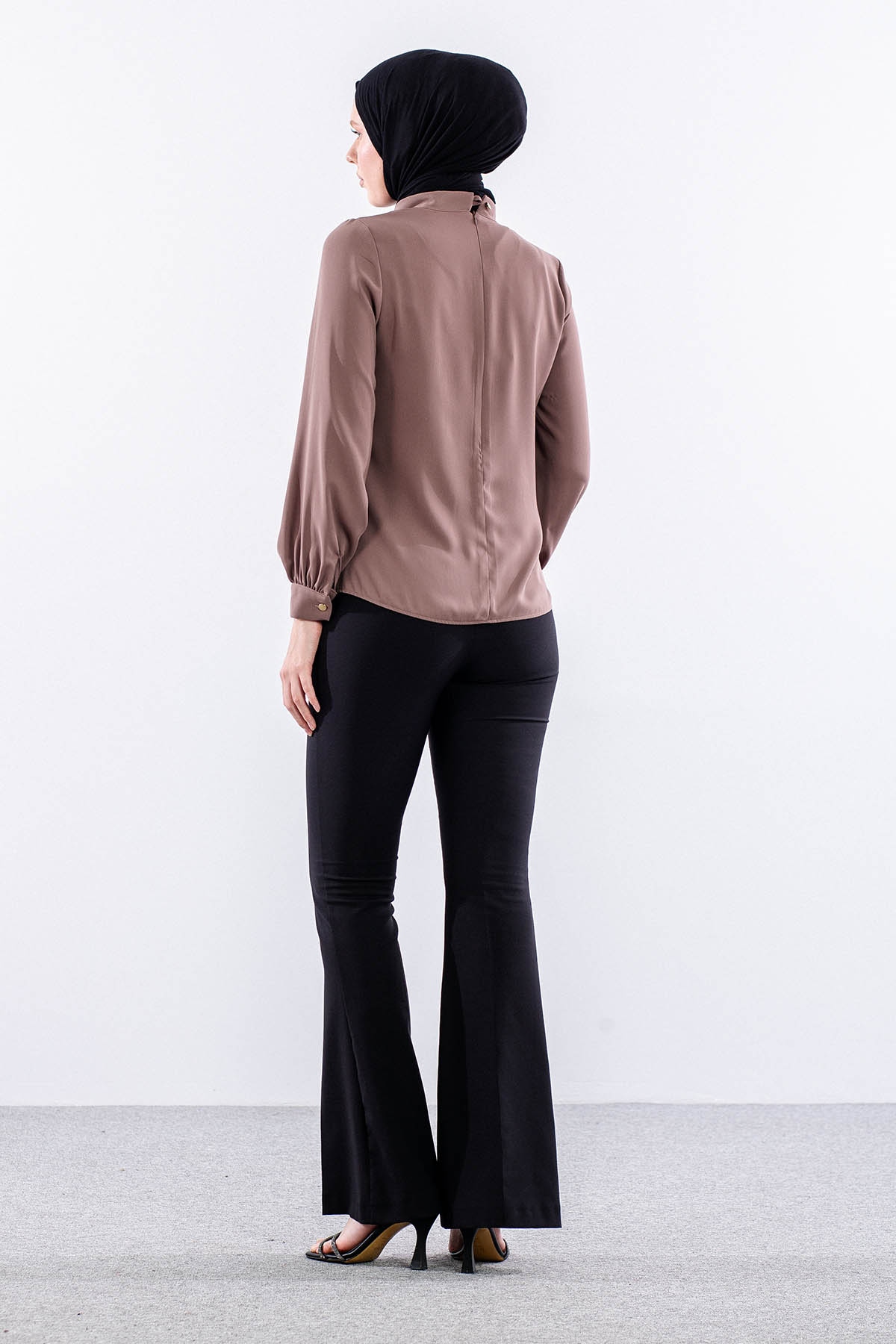 3077 Gömlek 38-46 Kravatlı - Kahve - 4