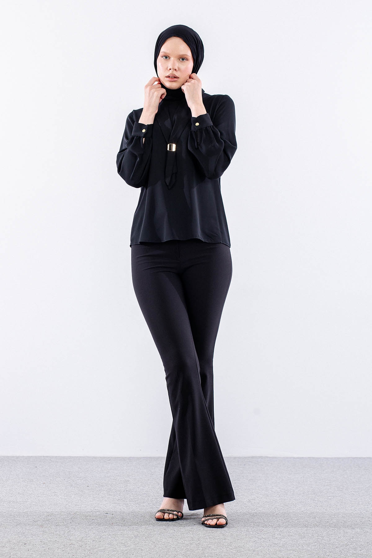 3077 Gömlek 38-46 Kravatlı - Siyah - 2