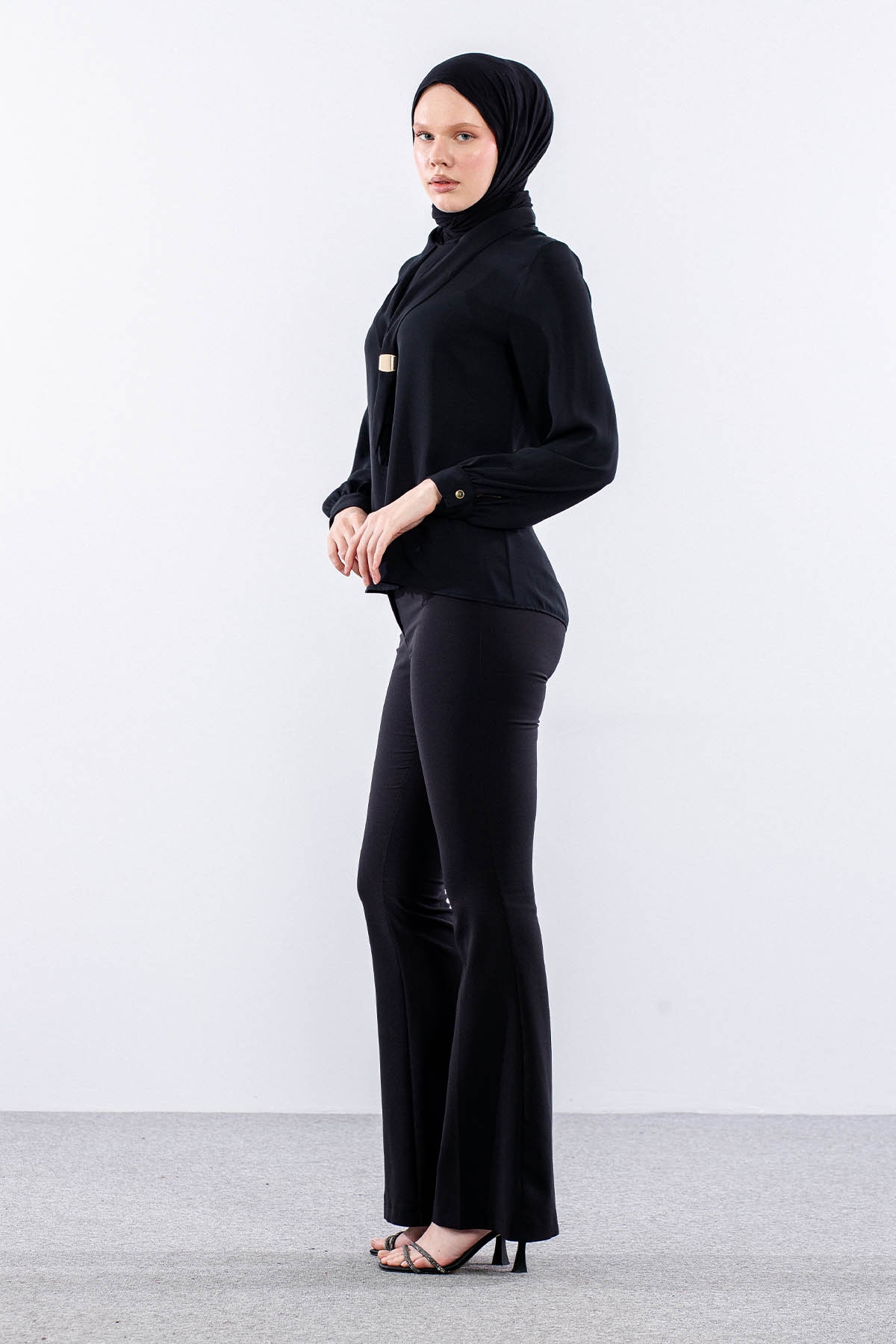 3077 Gömlek 38-46 Kravatlı - Siyah - 3