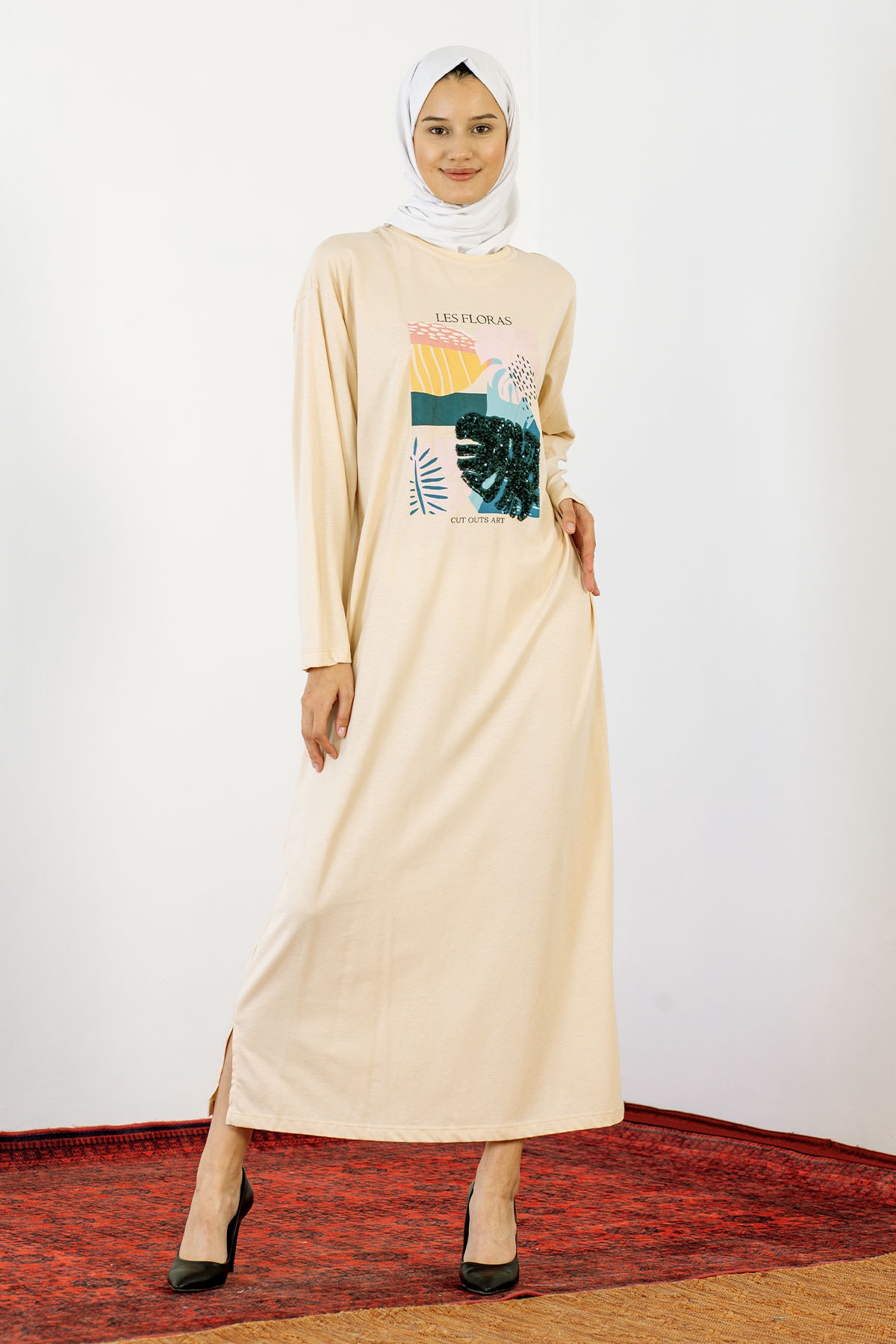 30847 Elbise Tek Pul - Bej - 1