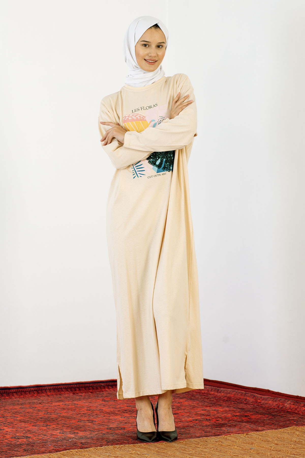 30847 Elbise Tek Pul - Bej - 2