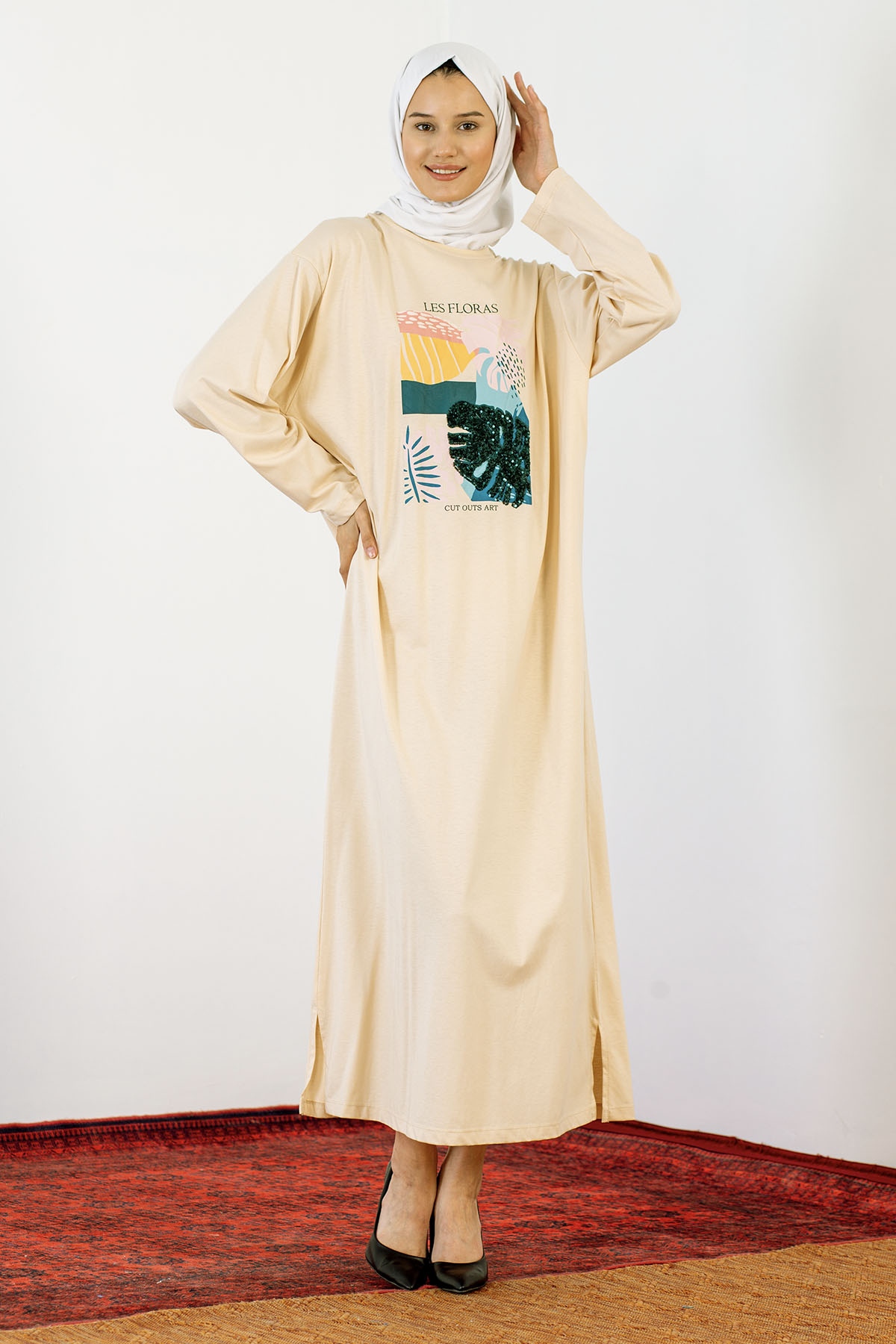 30847 Elbise Tek Pul - Bej - 3