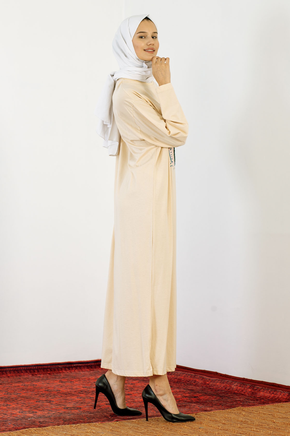 30847 Elbise Tek Pul - Bej - 4