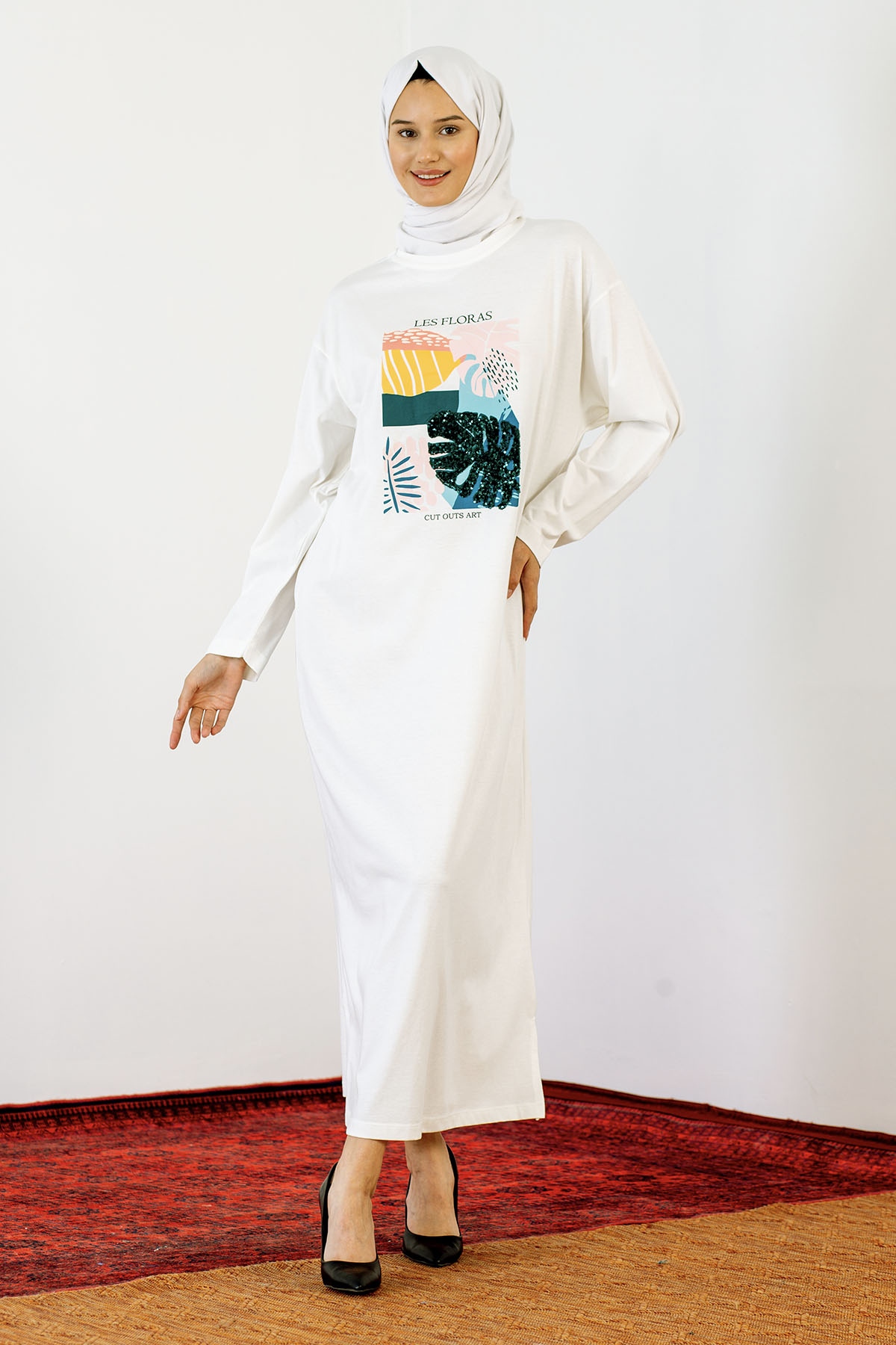 30847 Elbise Tek Pul - Ekru - 2