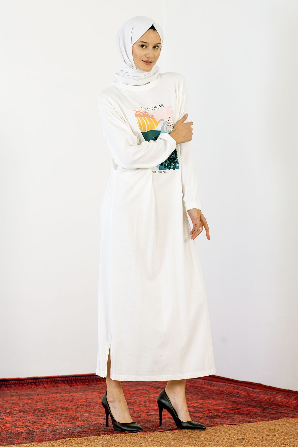 30847 Elbise Tek Pul - Ekru - 3