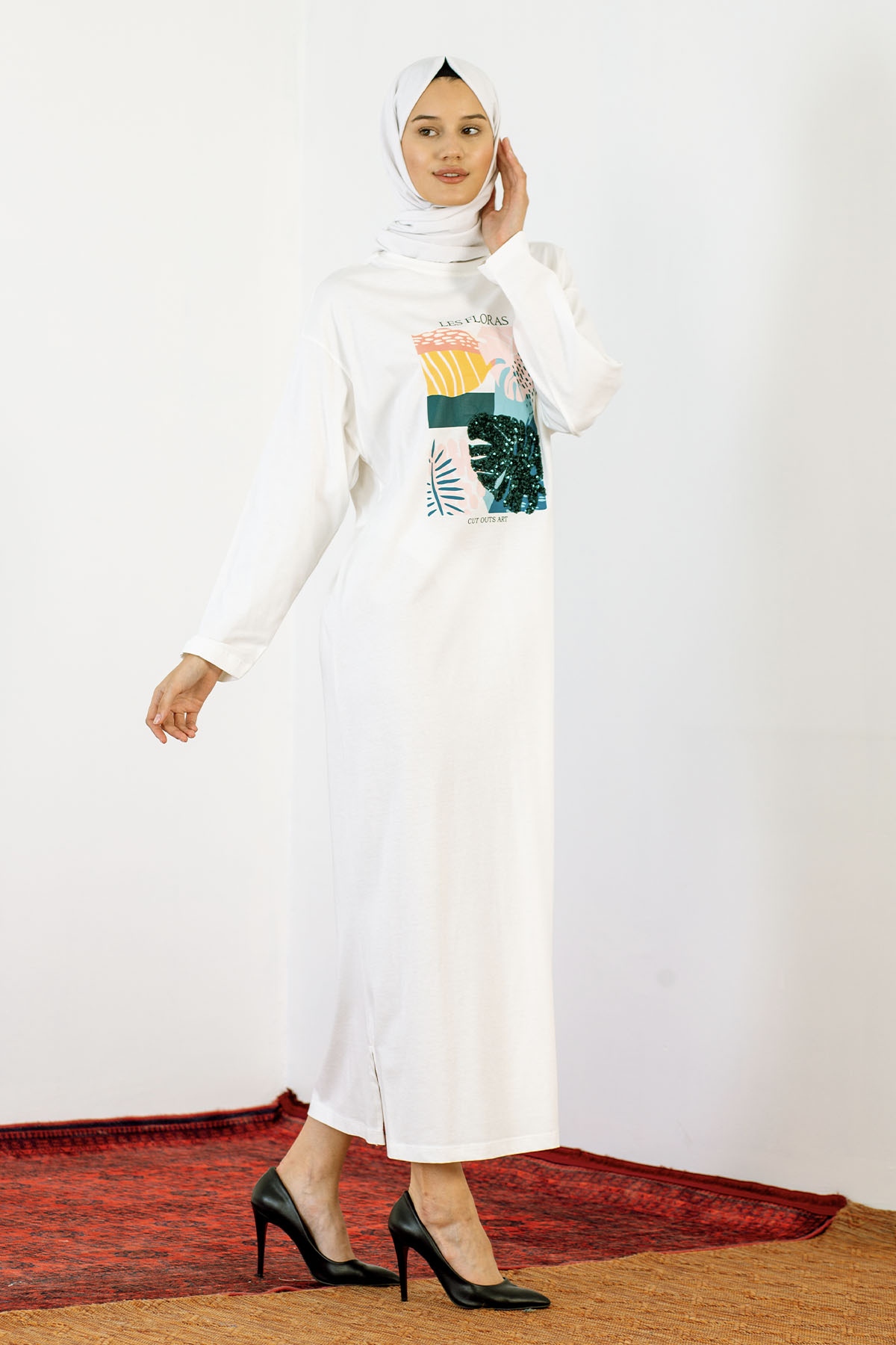 30847 Elbise Tek Pul - Ekru - 4