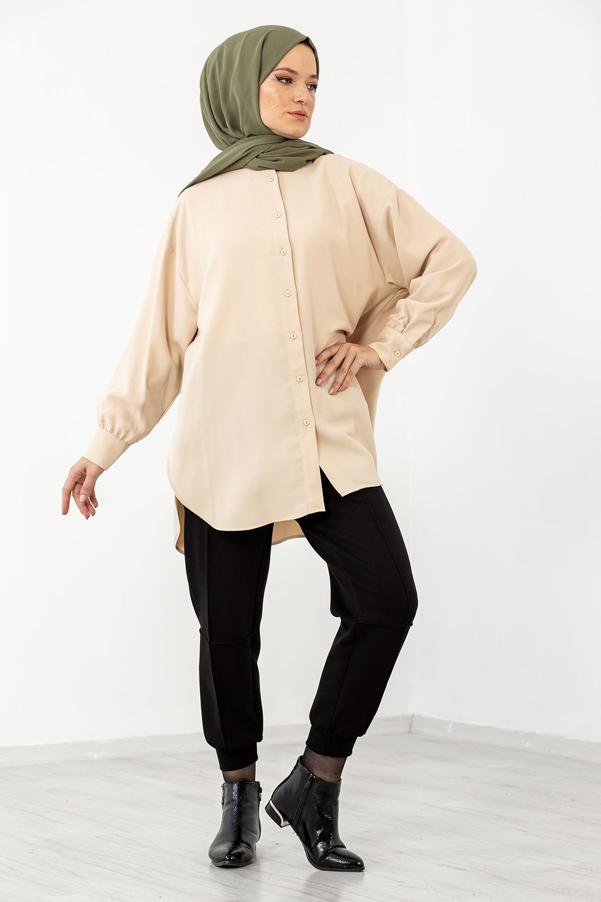 31126 Krep Gömlek Tek - Bej - 1