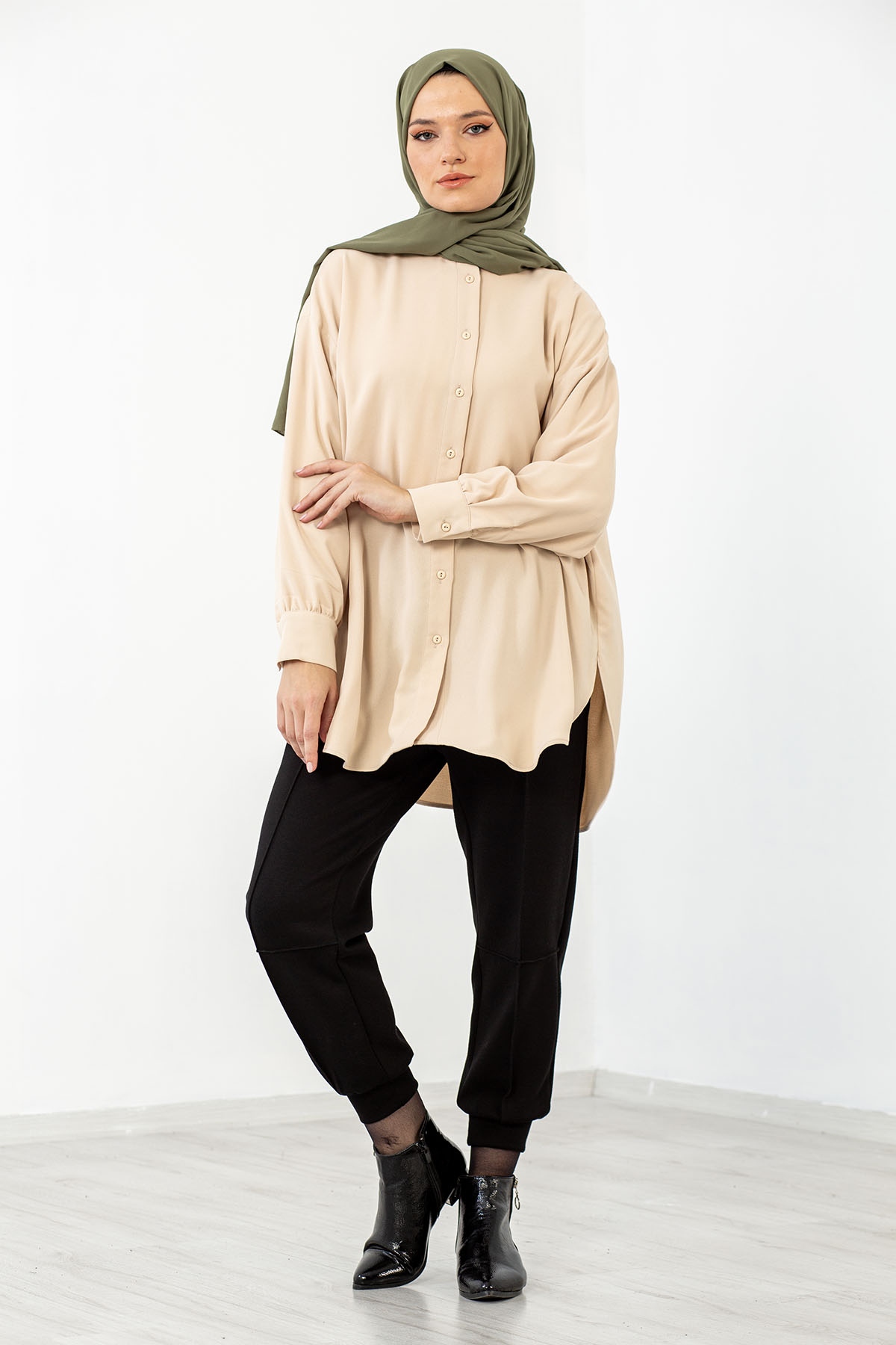 31126 Krep Gömlek Tek - Bej - 2