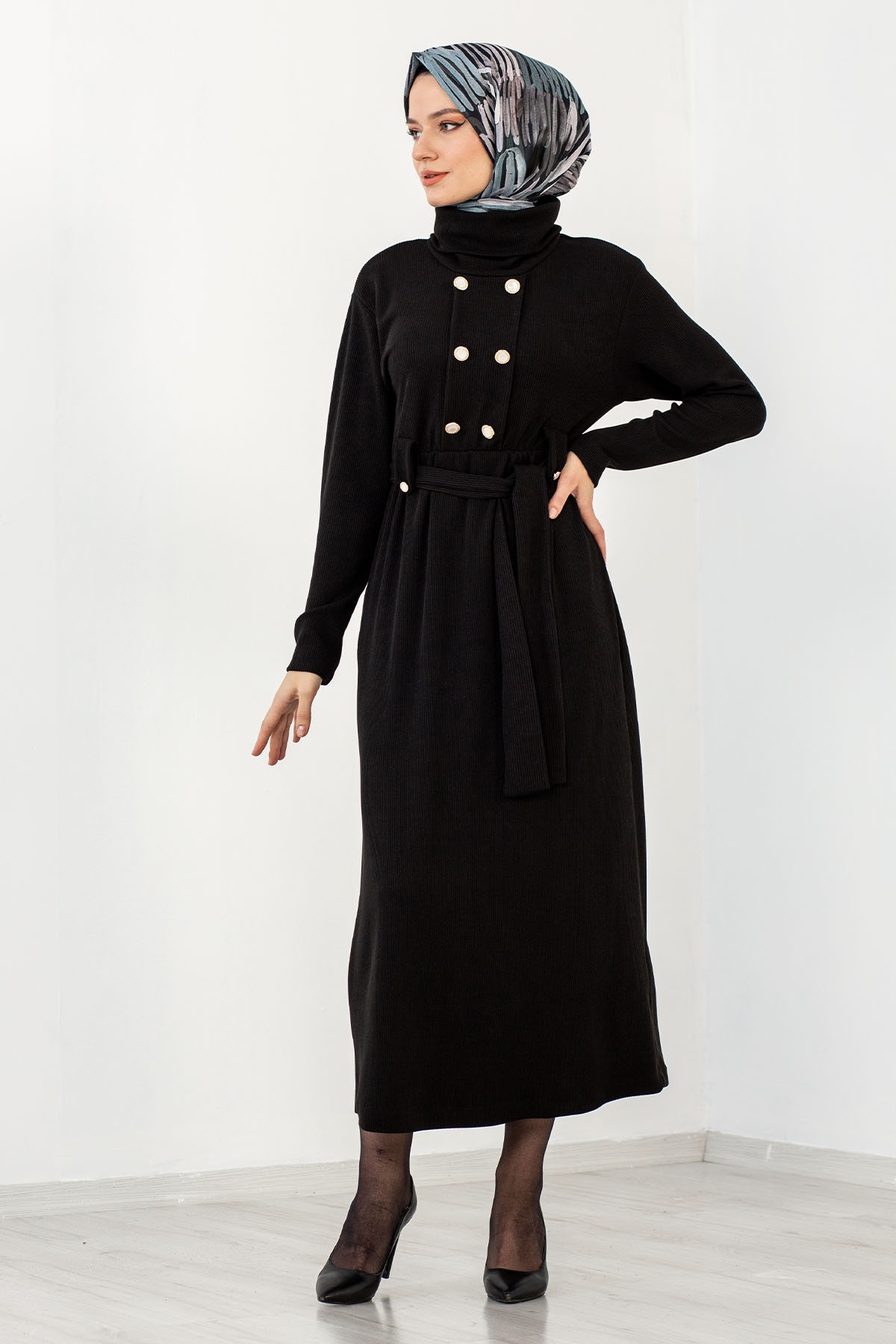 31130 Kemerli Elbise S-m-l - Siyah - 1