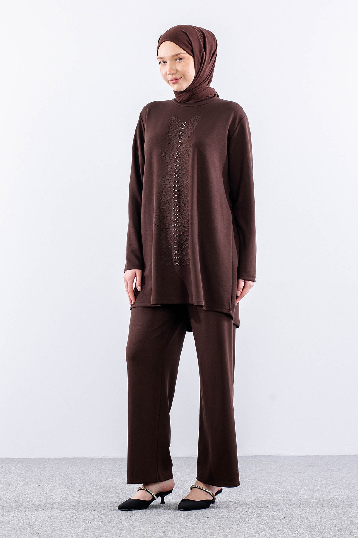 312 Takim 40-46 Boncuk Nakis Detayli - Kahve - 3