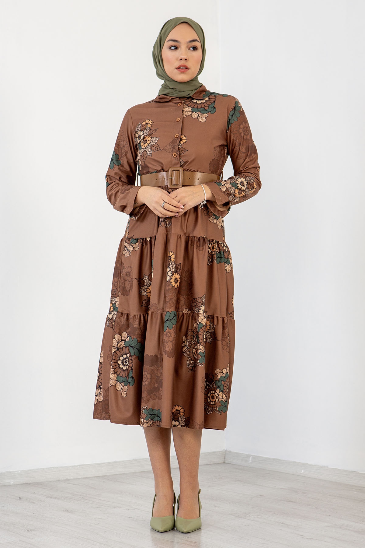 3170 çiçekli Elbise 38-44 - Camel - 1