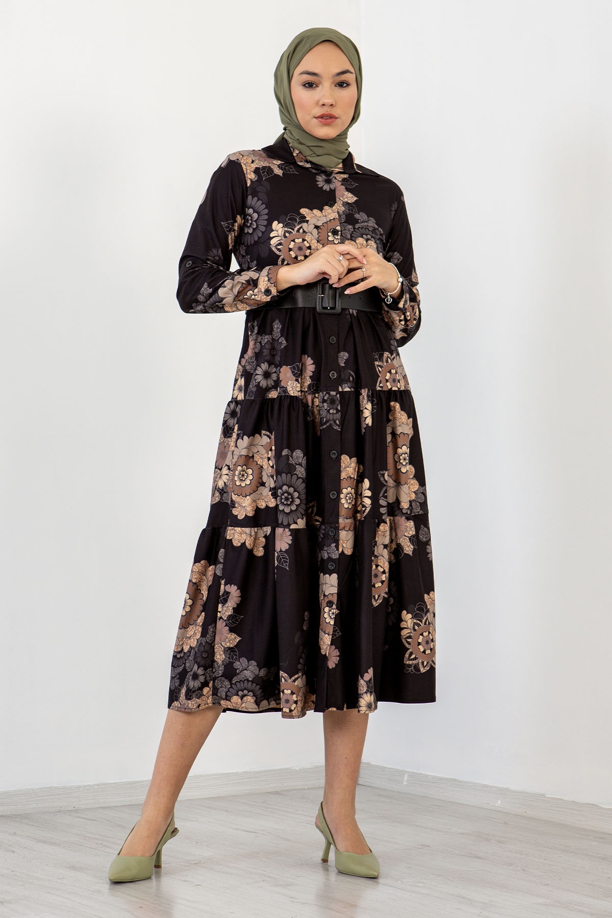 3170 çiçekli Elbise 38-44 - Siyah - 1