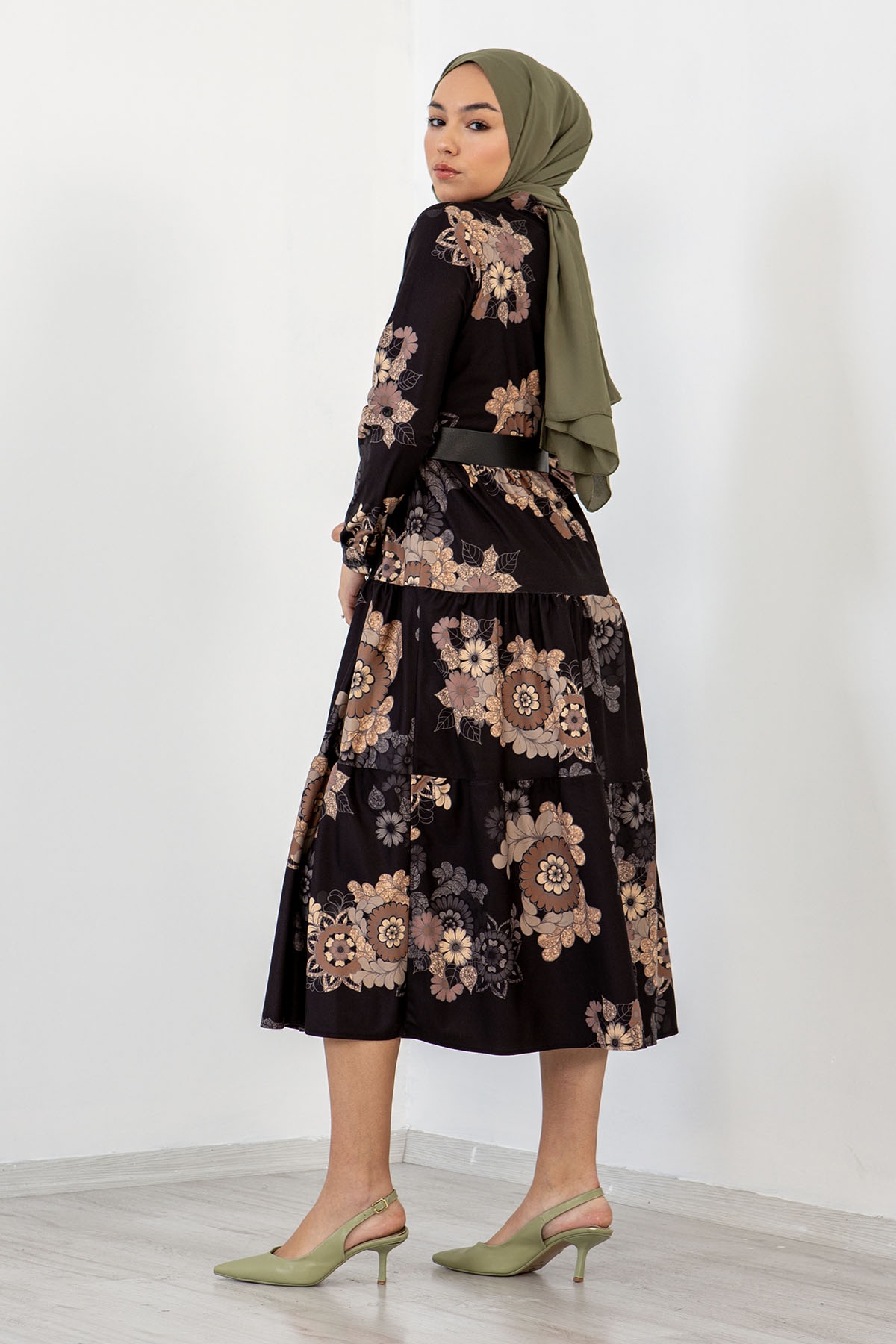 3170 çiçekli Elbise 38-44 - Siyah - 5