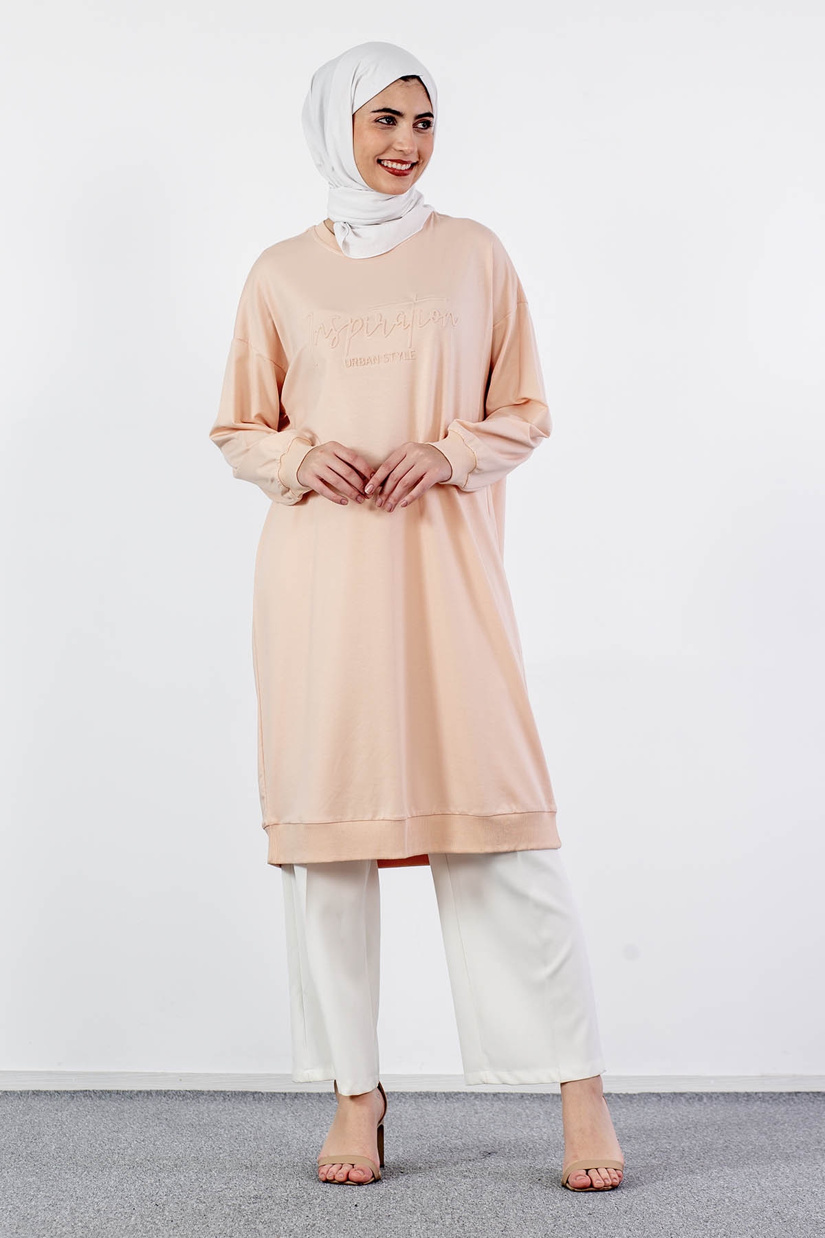 31834 Uzun Tunik Tek - Pudra - 1