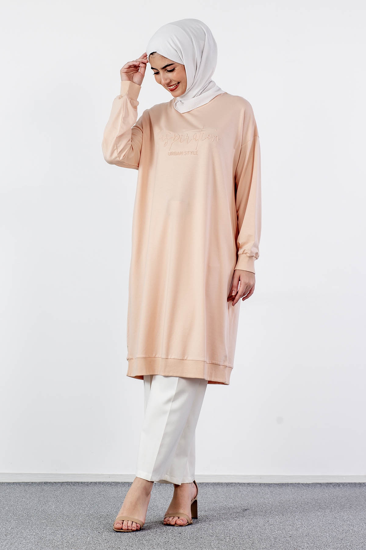 31834 Uzun Tunik Tek - Pudra - 2