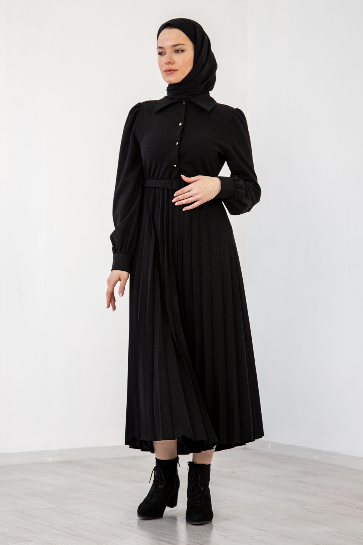 32149 Plise Elbise S-xl - Siyah - 1