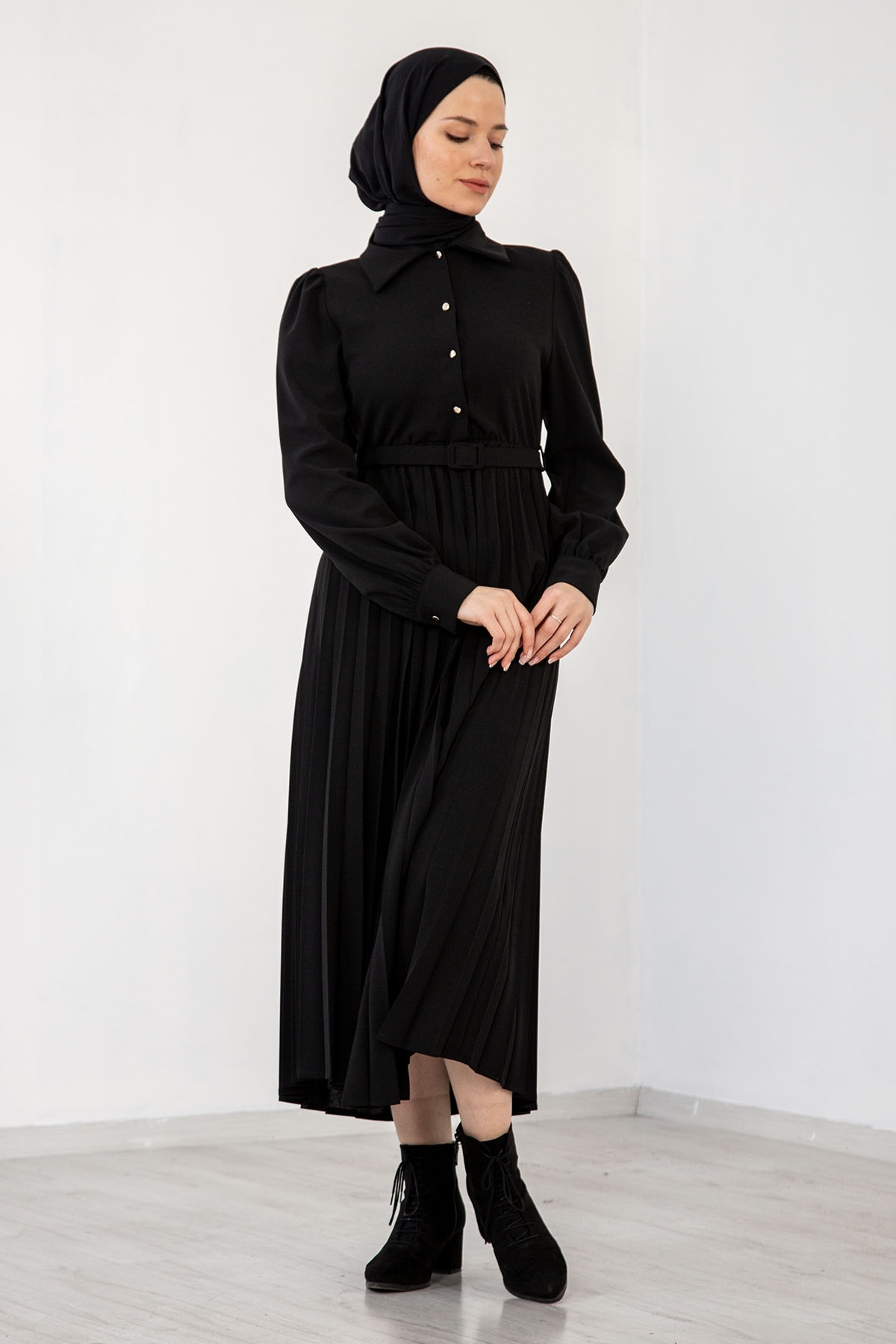 32149 Plise Elbise S-xl - Siyah - 2