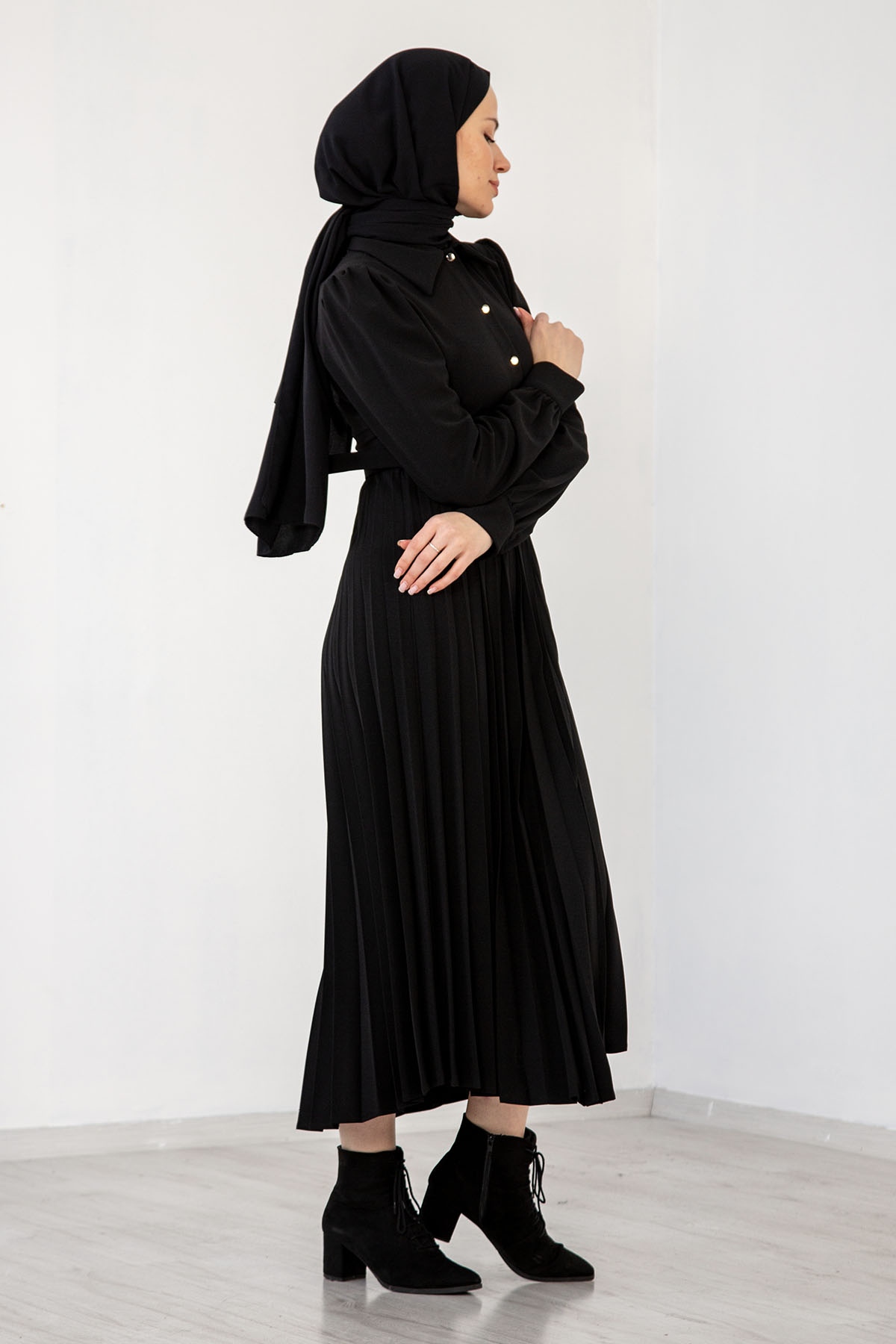 32149 Plise Elbise S-xl - Siyah - 3