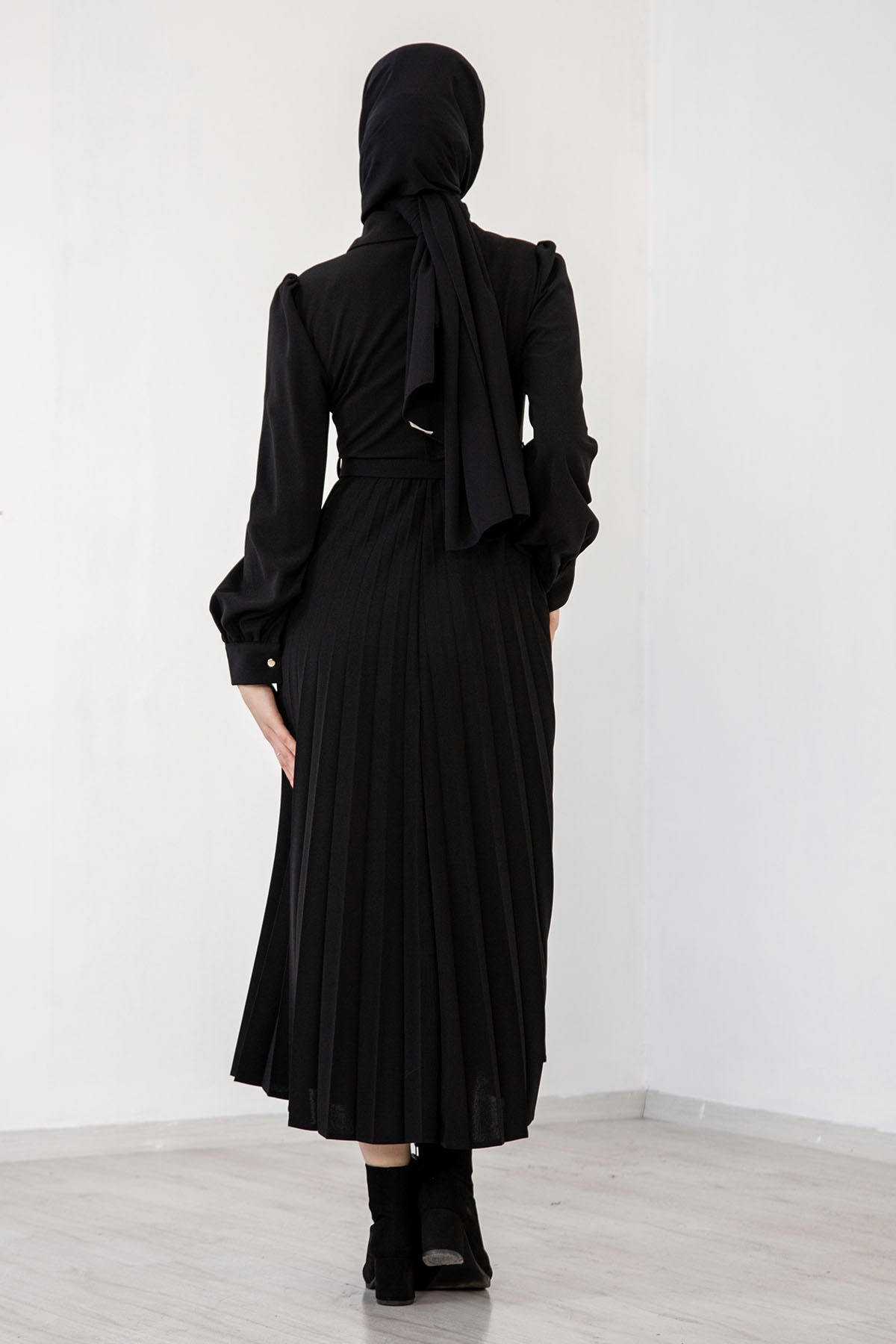 32149 Plise Elbise S-xl - Siyah - 4