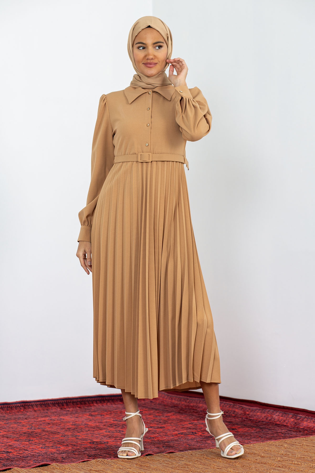 32149 Plise Elbise S-xl - Toprak - 1