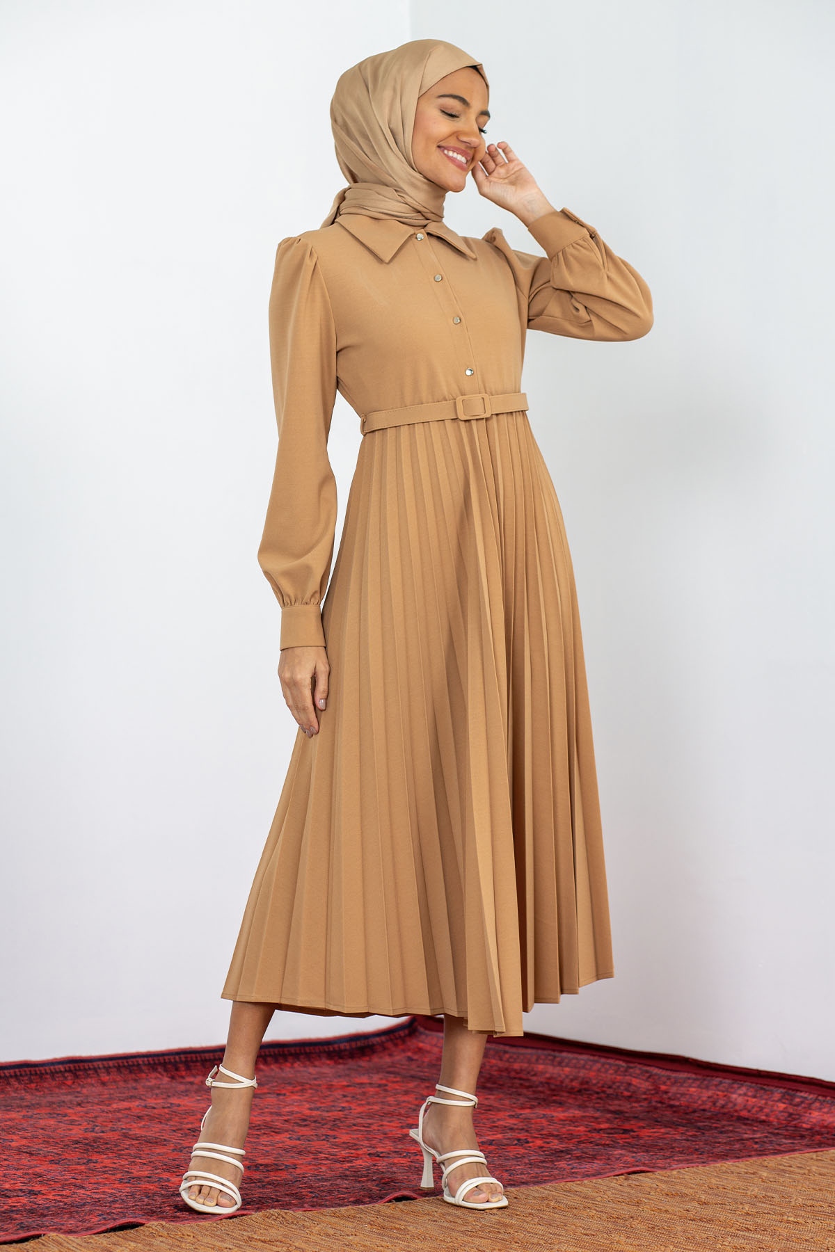 32149 Plise Elbise S-xl - Toprak - 2