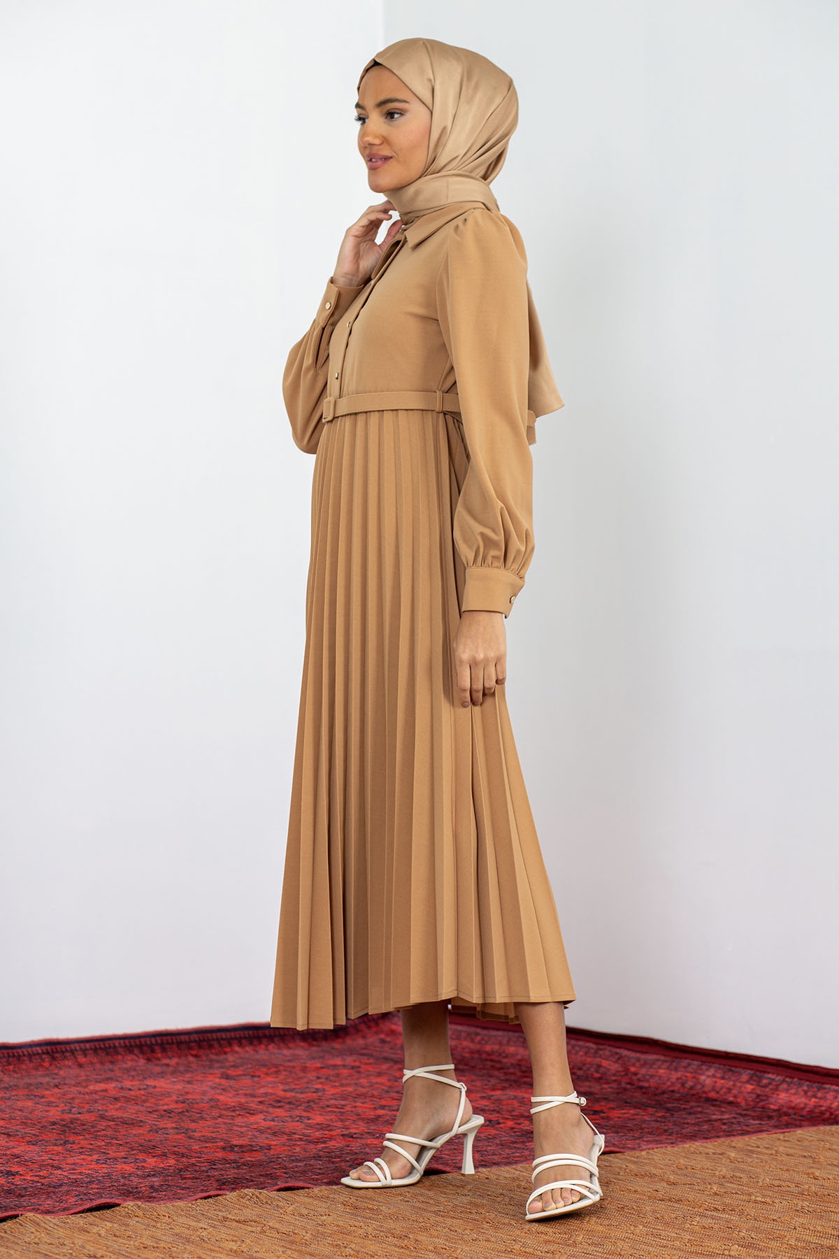 32149 Plise Elbise S-xl - Toprak - 3