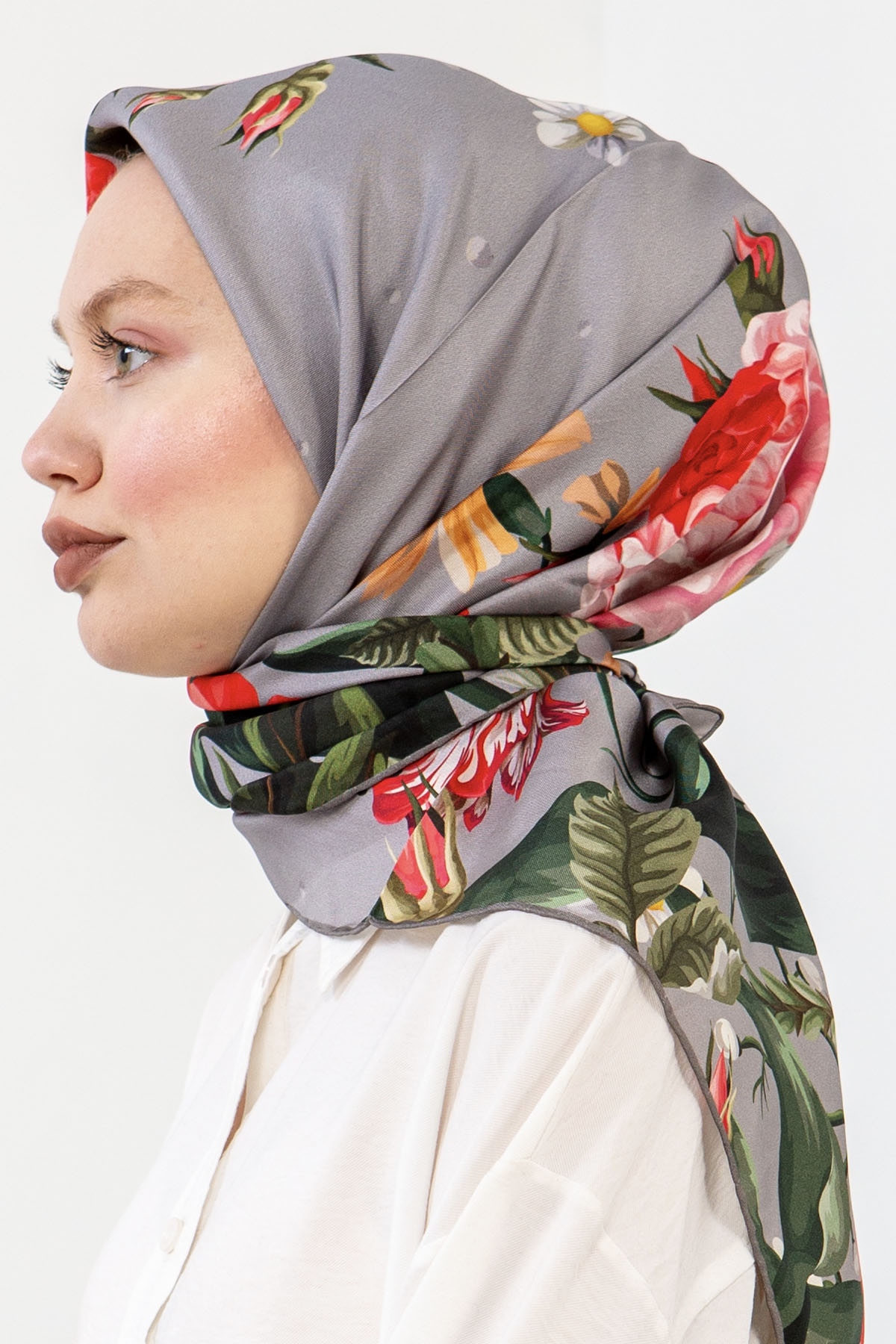 3237 İpek Eşarp 90*90 - Gri - 3