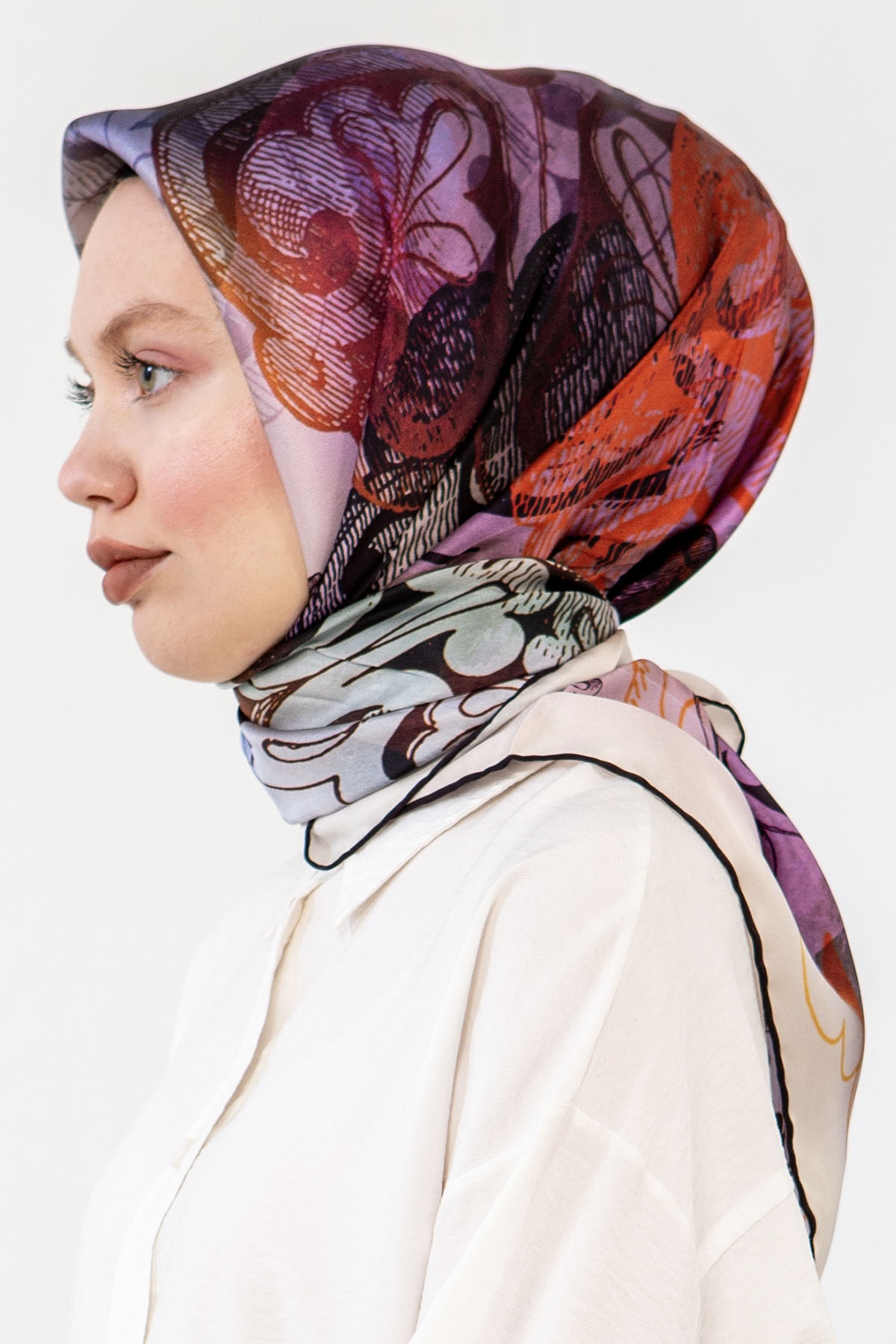 3239 İpek Eşarp 90*90 - Krem_siyah - 2