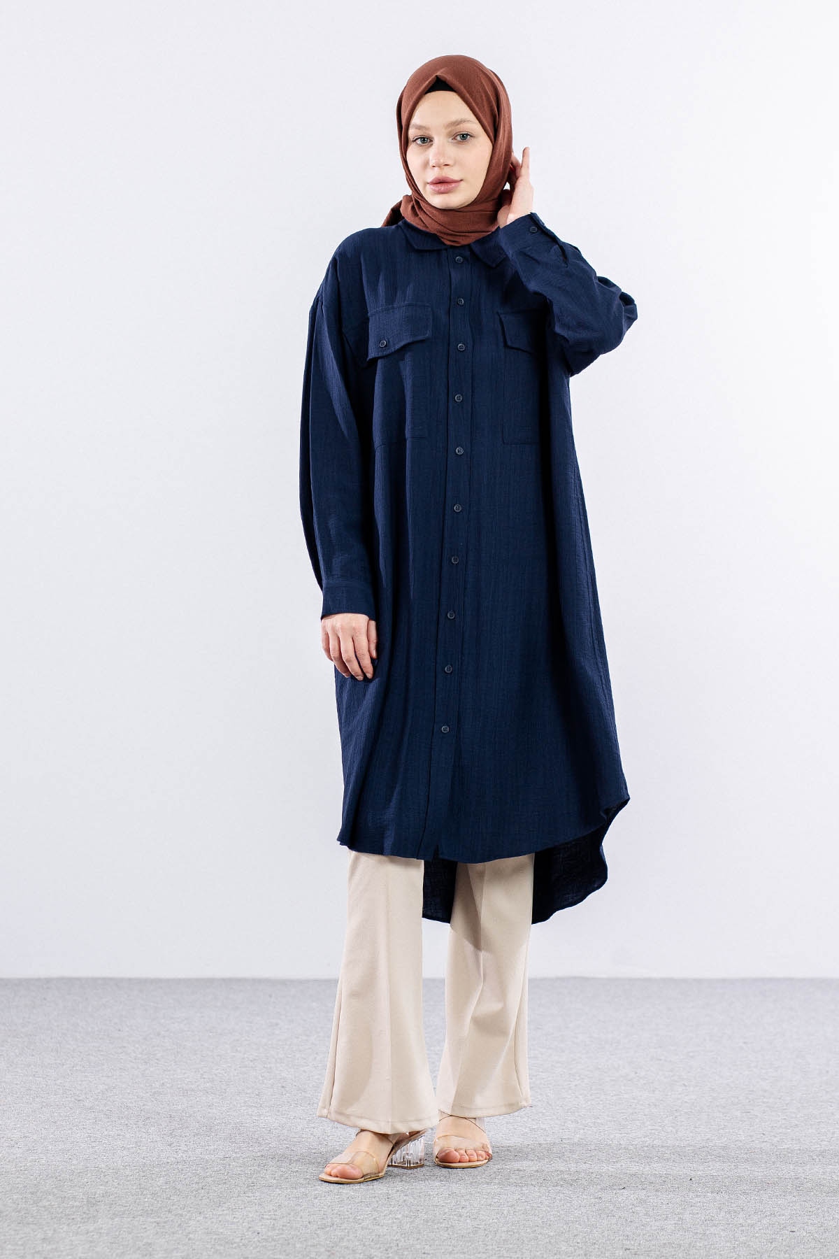 32983 Uzun Tunik Tek - Lacivert - 2