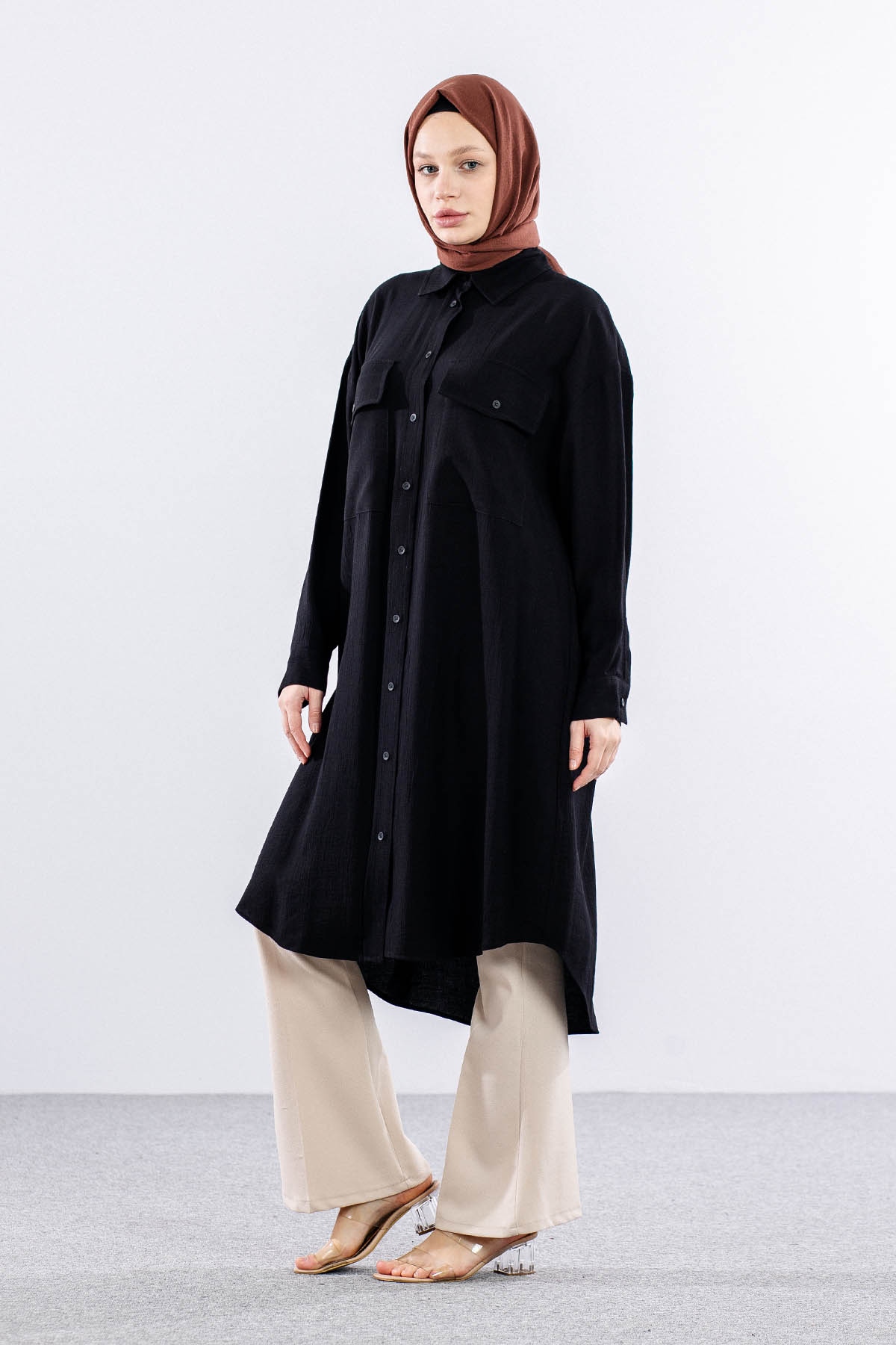 32983 Uzun Tunik Tek - Siyah - 4