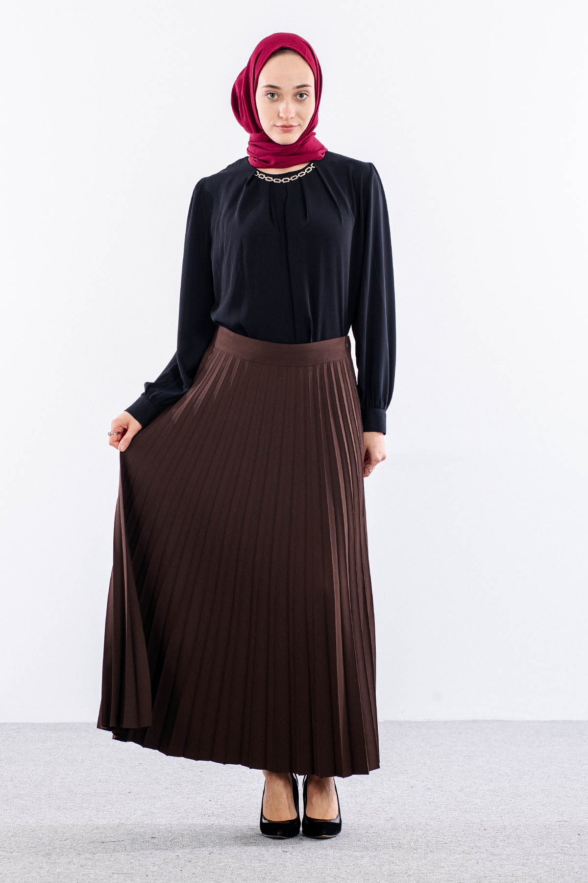 3322 Etek 38-48 Plise Detay - Kahve - 1