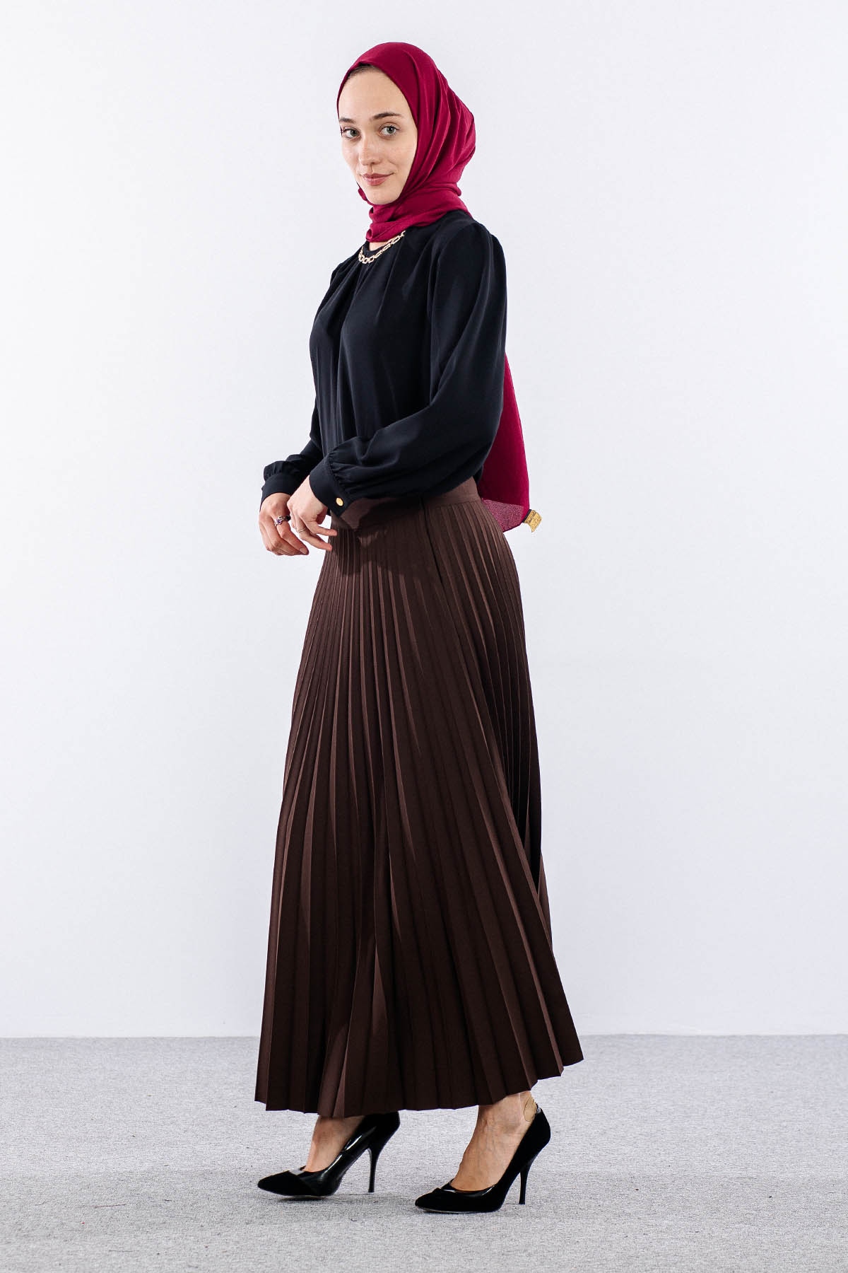 3322 Etek 38-48 Plise Detay - Kahve - 2