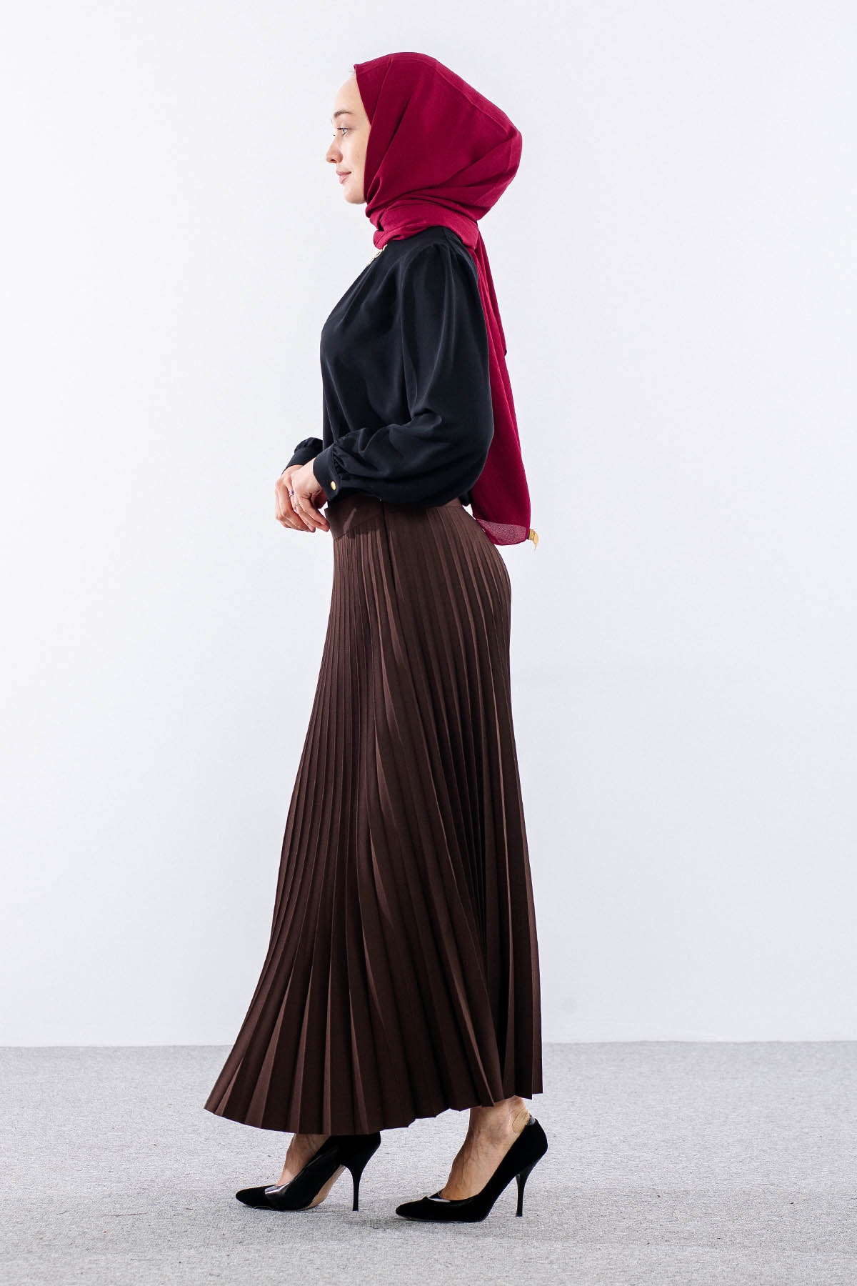 3322 Etek 38-48 Plise Detay - Kahve - 3