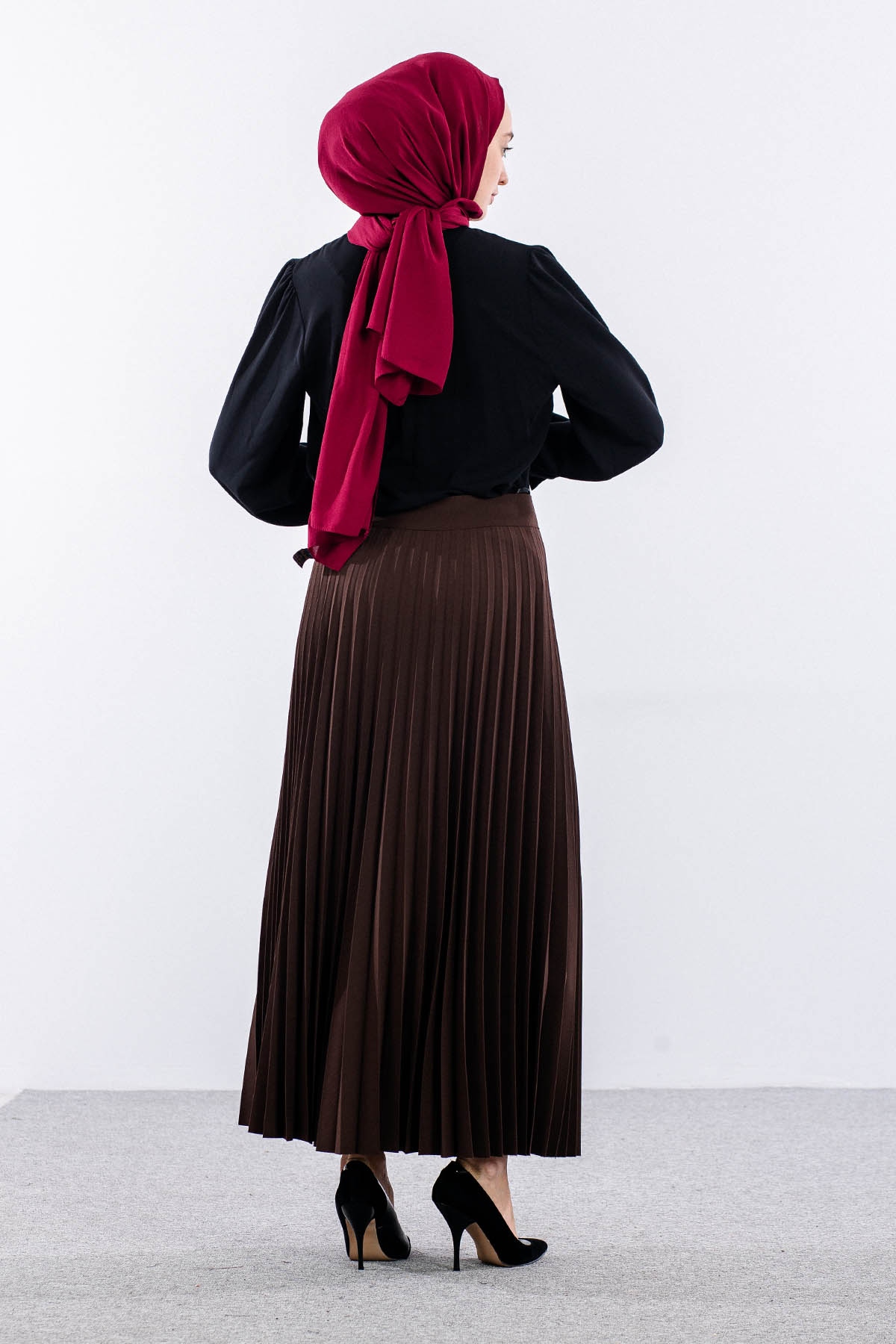 3322 Etek 38-48 Plise Detay - Kahve - 4