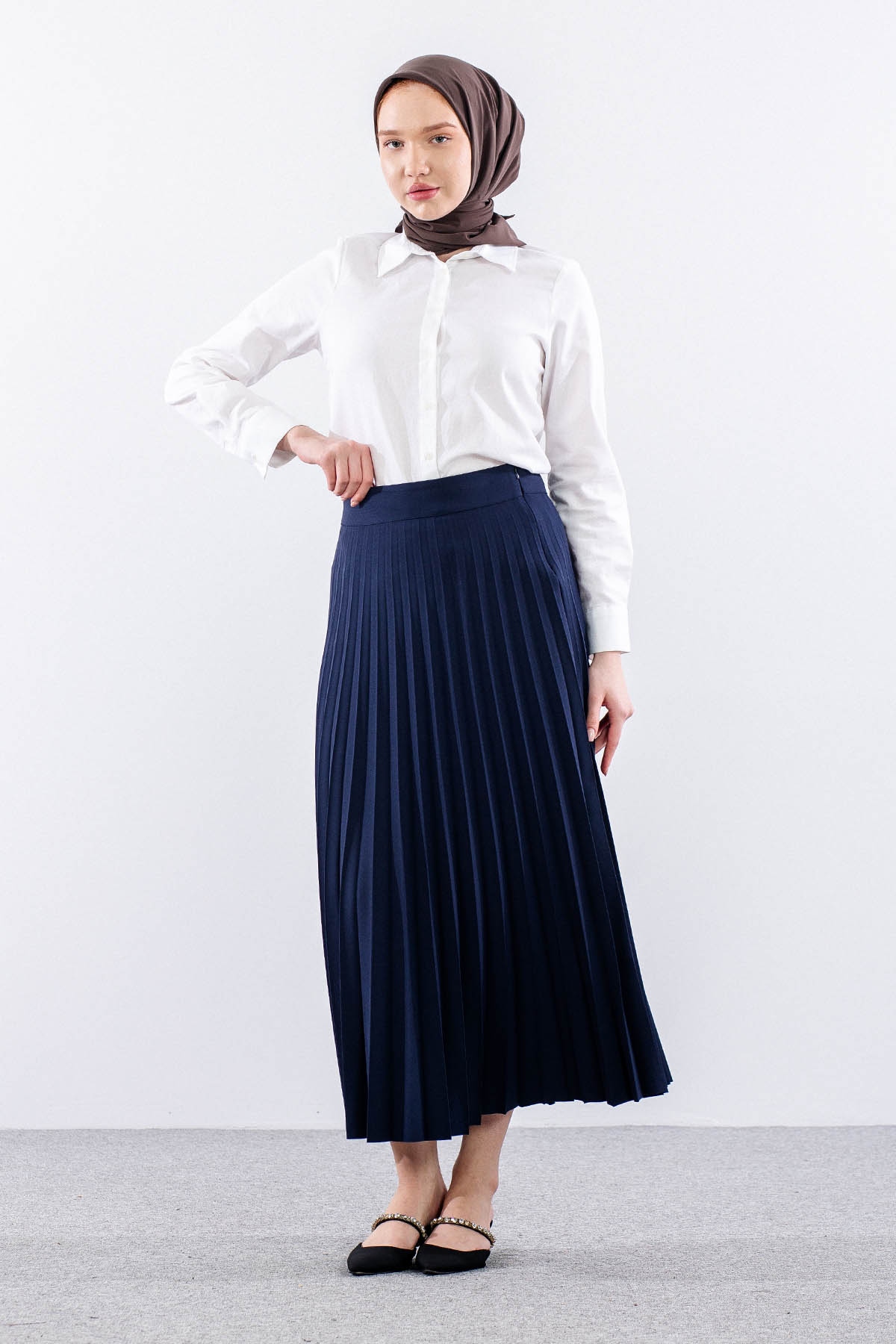 3322 Etek 38-48 Plise Detay - Lacivert - 2