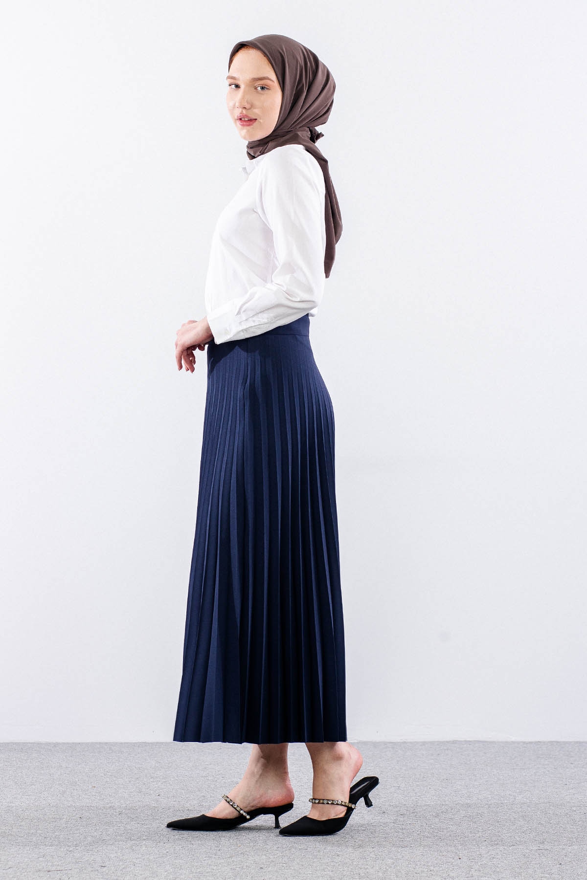 3322 Etek 38-48 Plise Detay - Lacivert - 3
