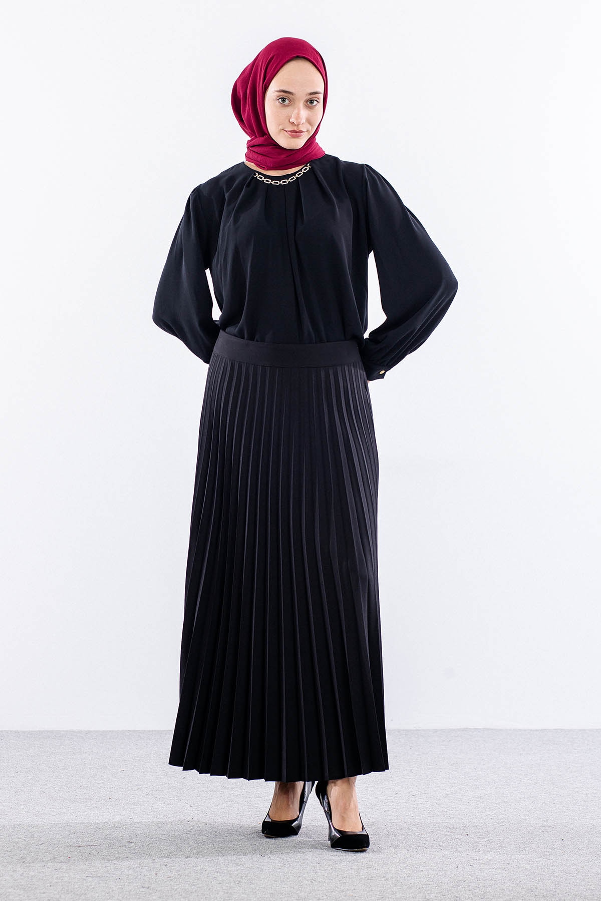 3322 Etek 38-48 Plise Detay - Siyah - 1