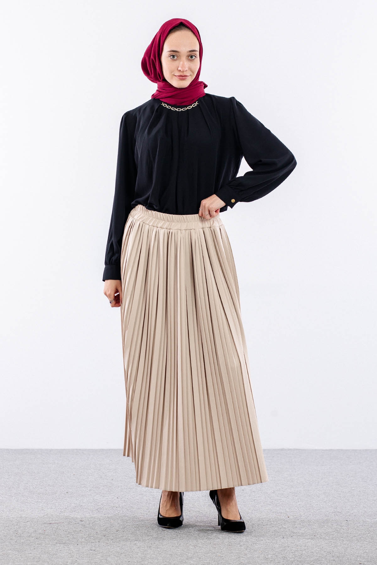 3347 Etek 1-2-3 Plise Detay - Bej - 2