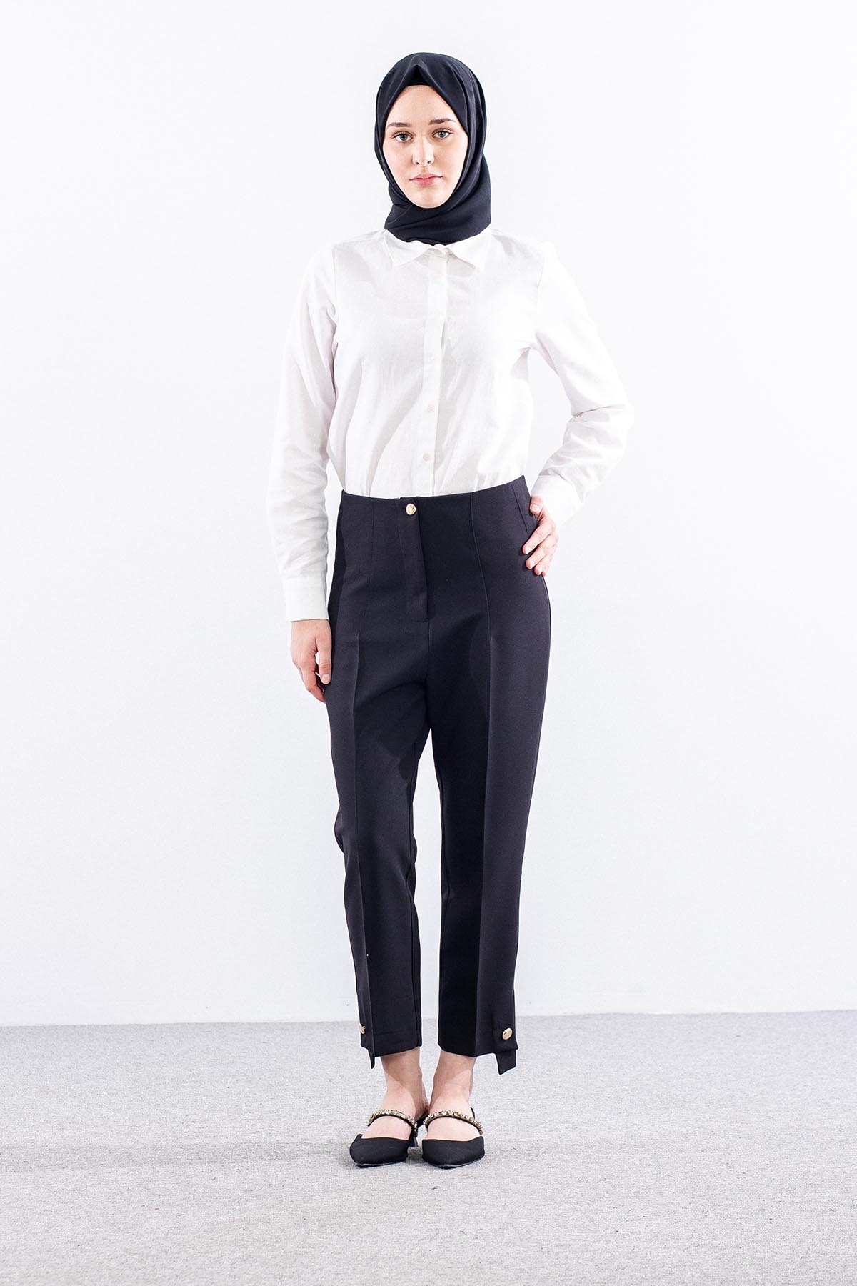 3353 Pantolon 38-48 Dugme Detay - Siyah - 2